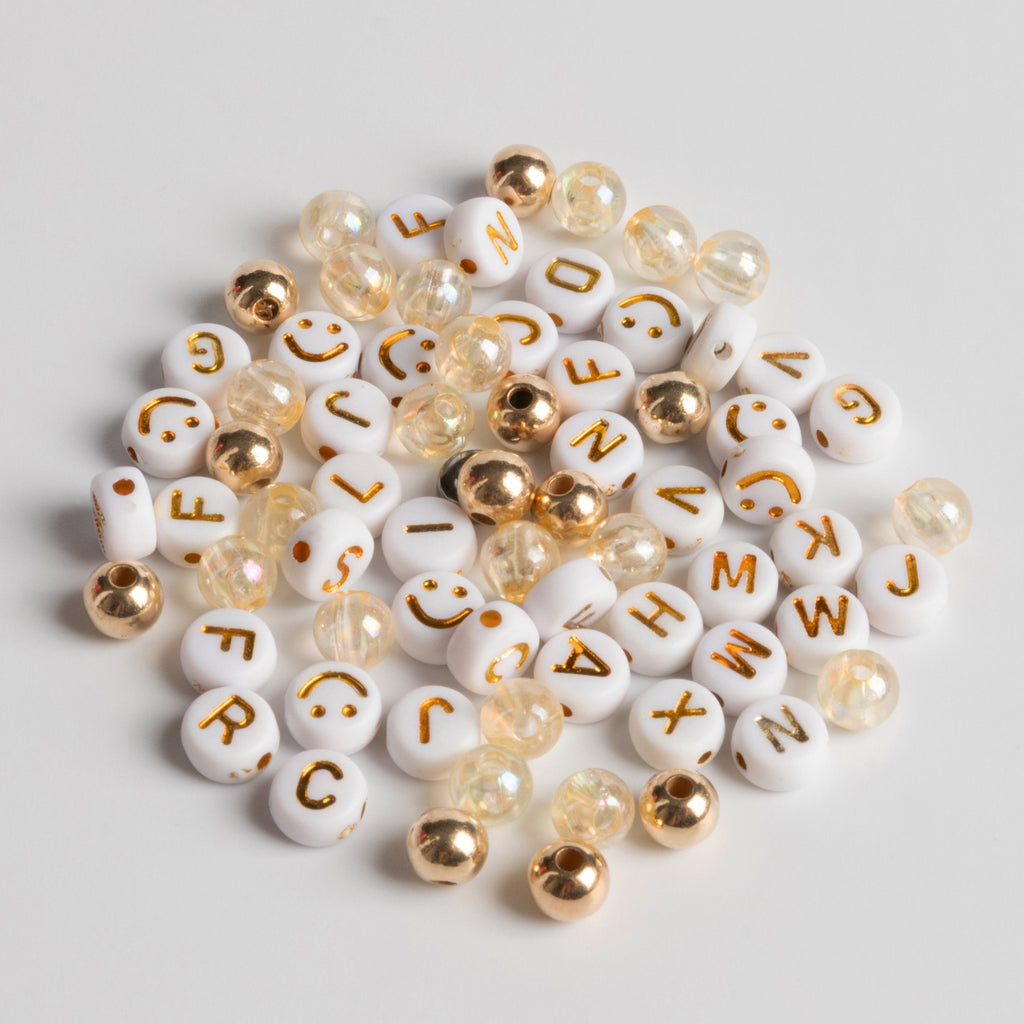 Gold Bow Charm Gold and White Letter Beads Smiley Face Beads DIY Jar