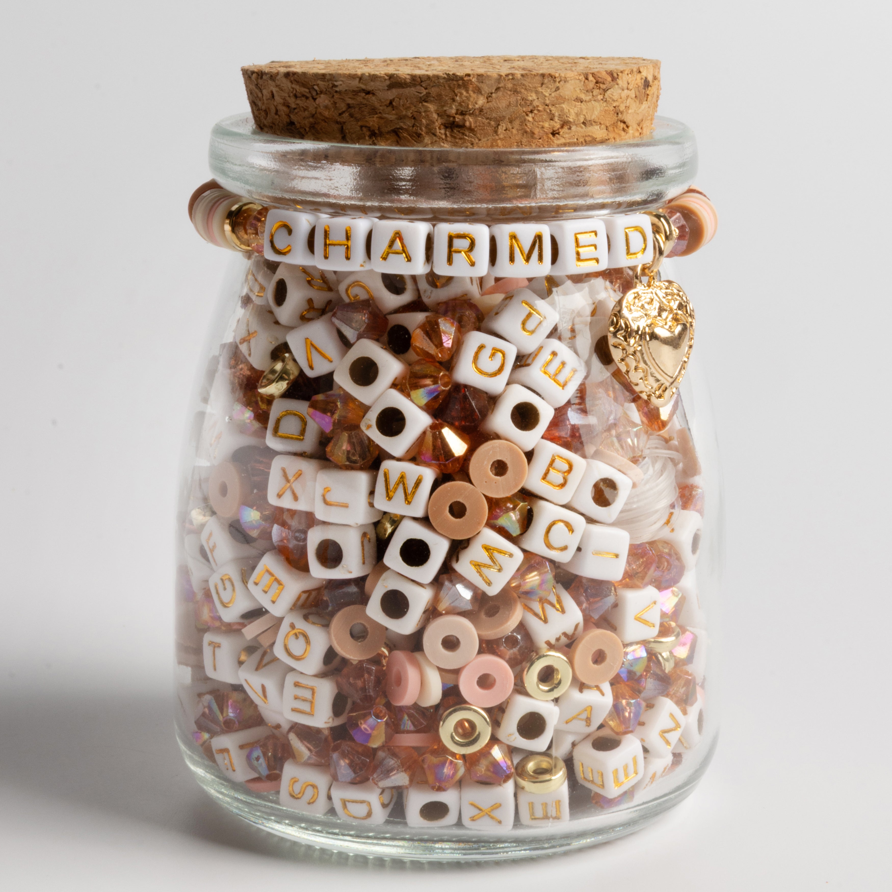 Gold Heart Charm Bead Kit with Gold Letter Beads DIY Jar