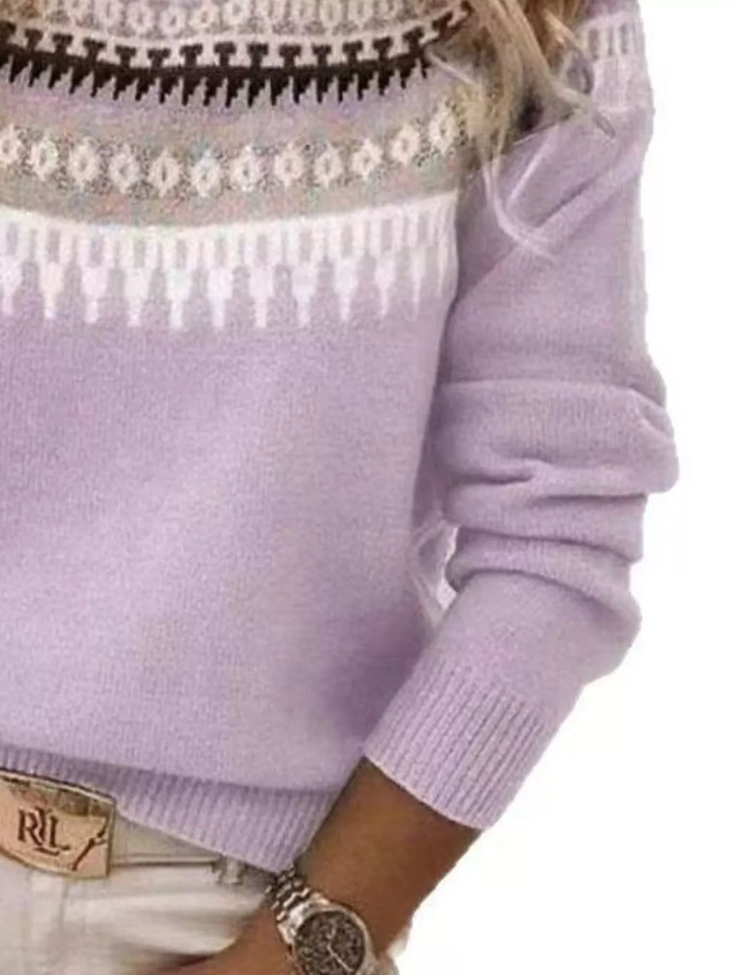 Full Size Vintage Patterned Round Neck Sweater Plus Size