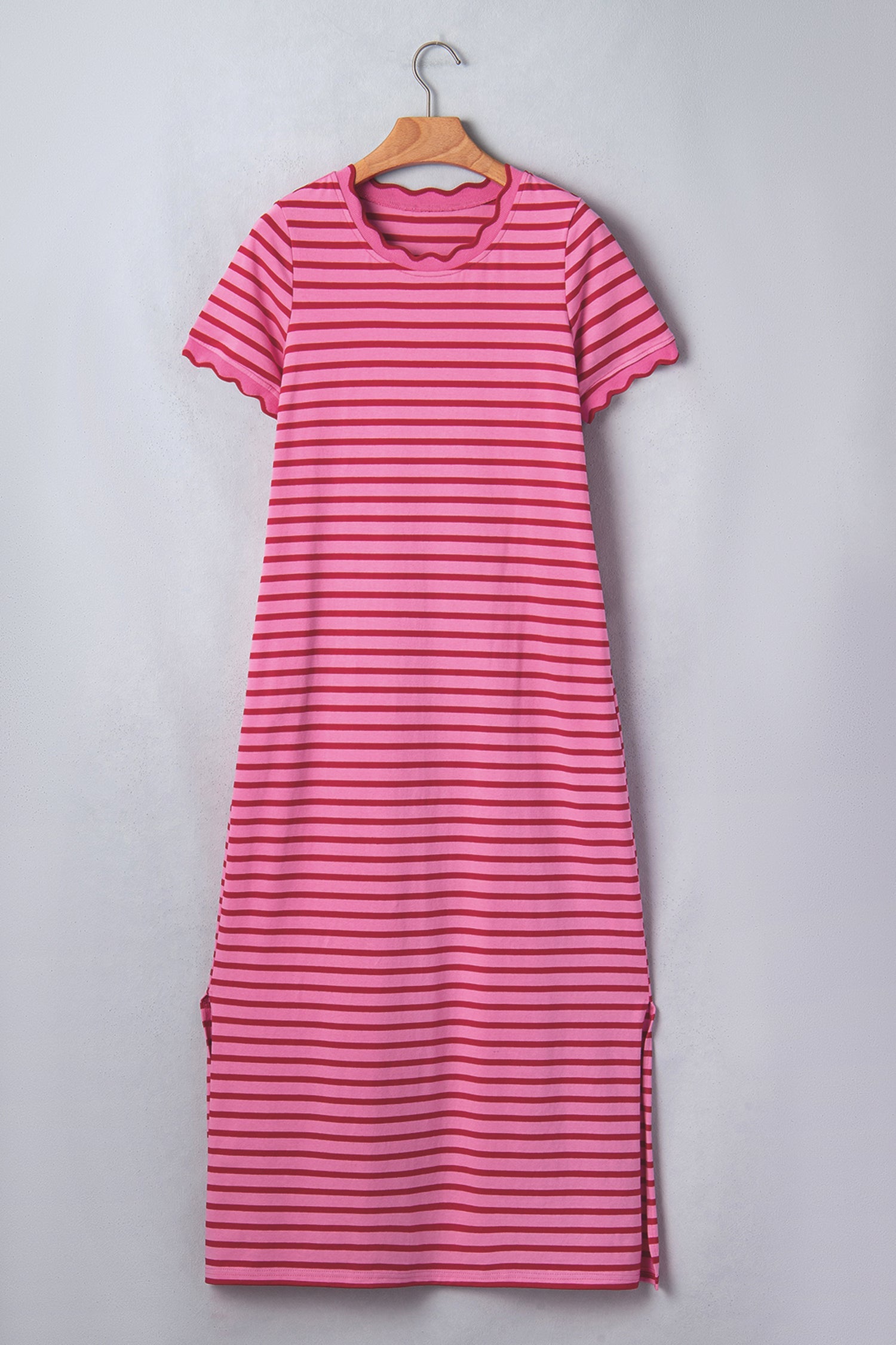 Stripe Scalloped Trim Short Sleeve Side Slit Dress