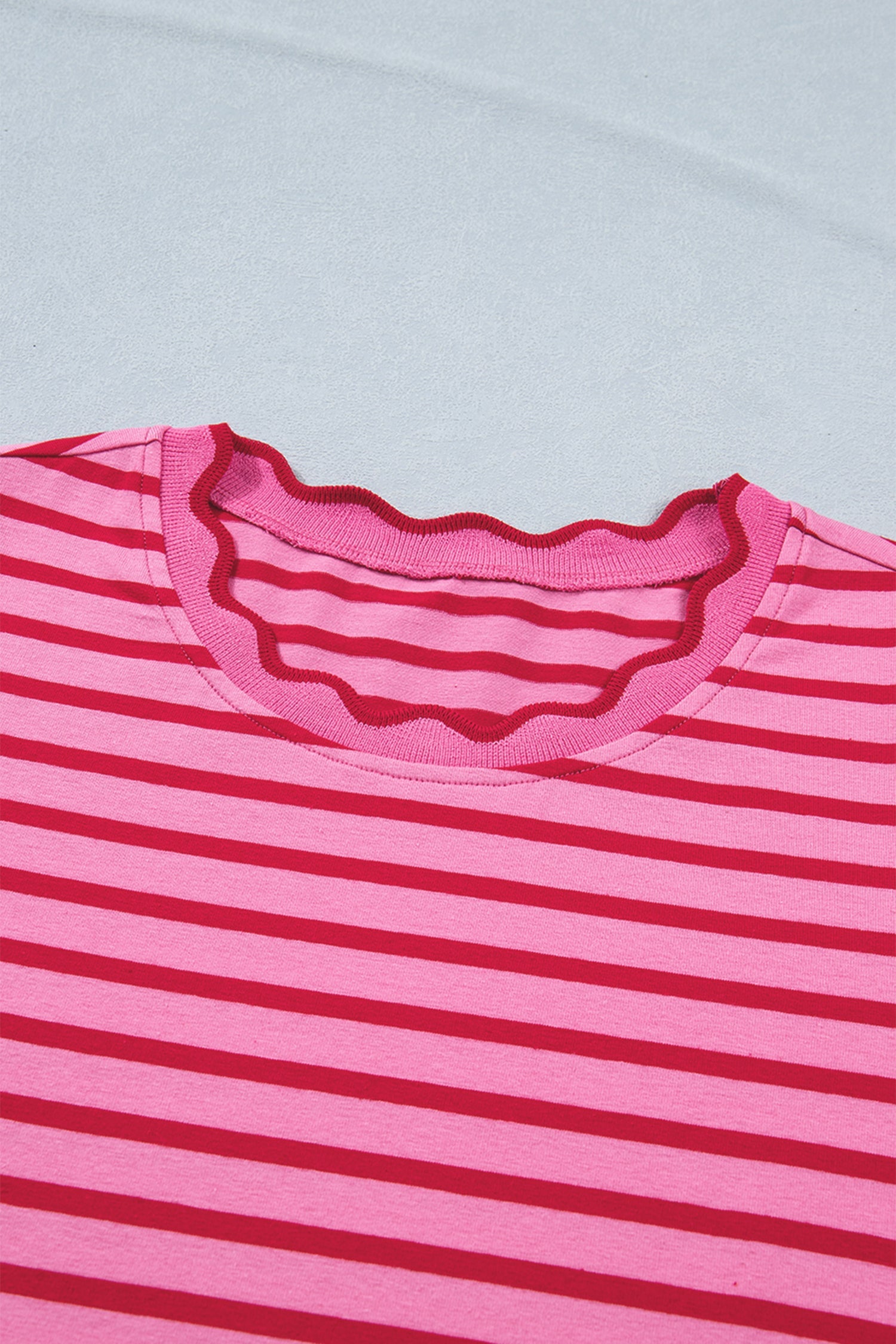Stripe Scalloped Trim Short Sleeve Side Slit Dress