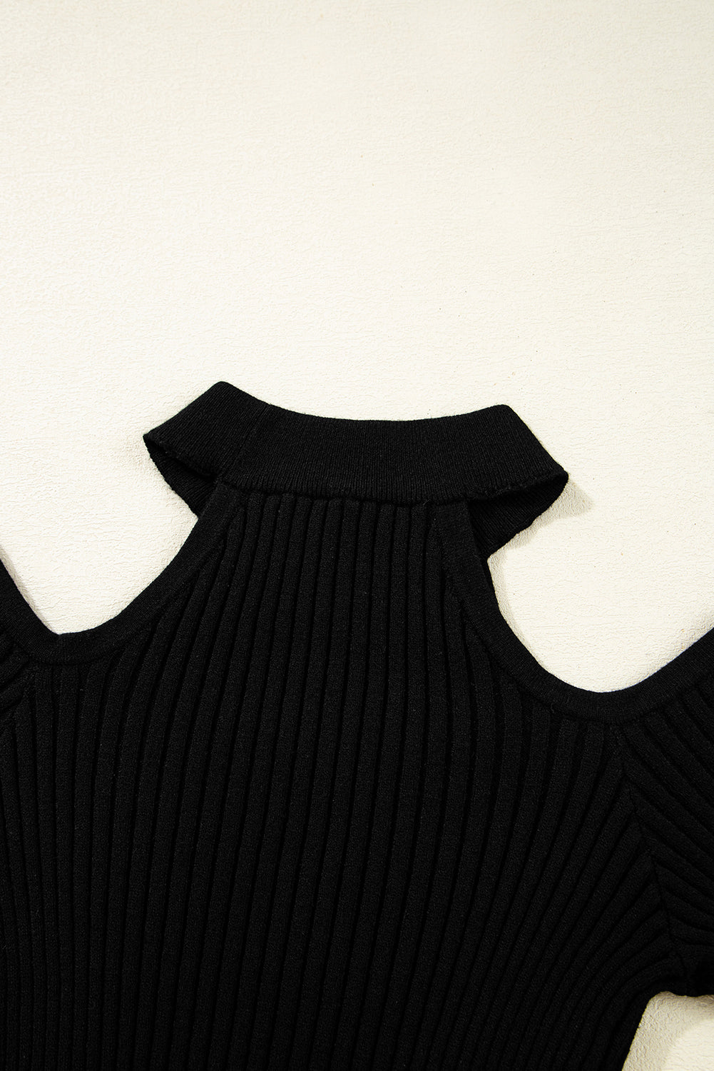 Solid Ribbed Knit Cold Shoulder Choker Neck Top