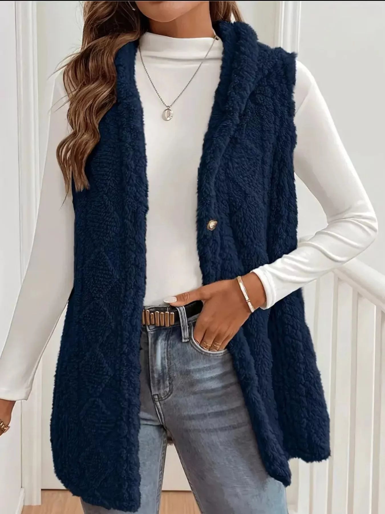 Hooded Button-Up Sherpa Vest Coat