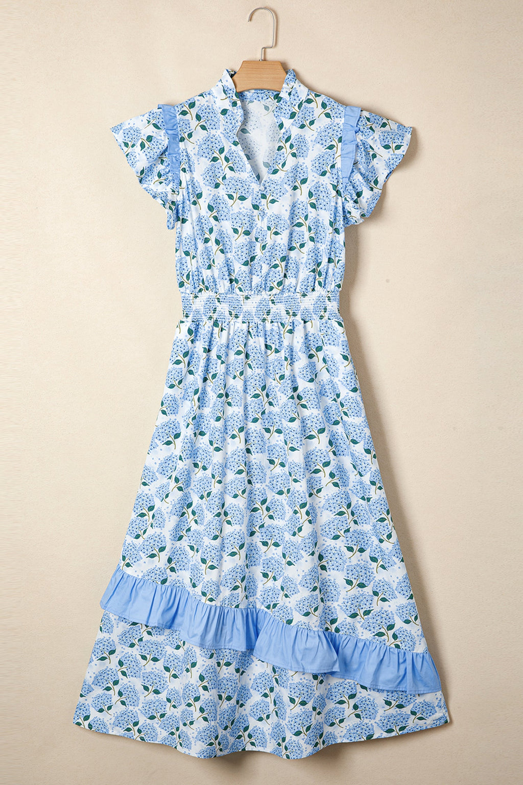 Floral Hydrangea Ruffle Flutter Sleeve Maxi Dress