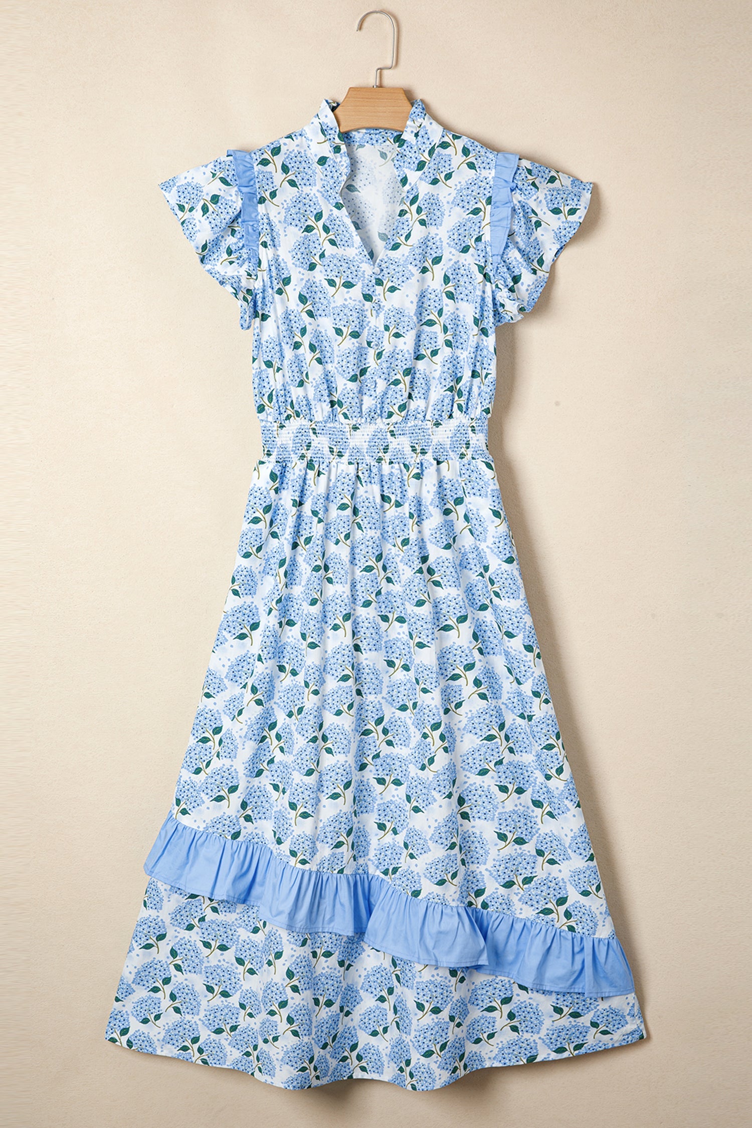 Floral Hydrangea Ruffle Flutter Sleeve Maxi Dress