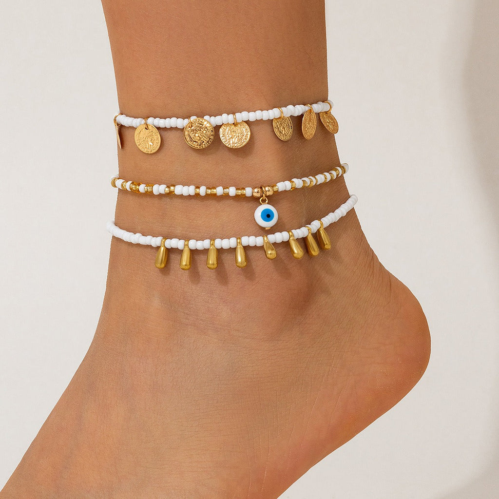 Ethnic Ocean Style Rice Bead Beach Round Water Drop Tassel Anklet