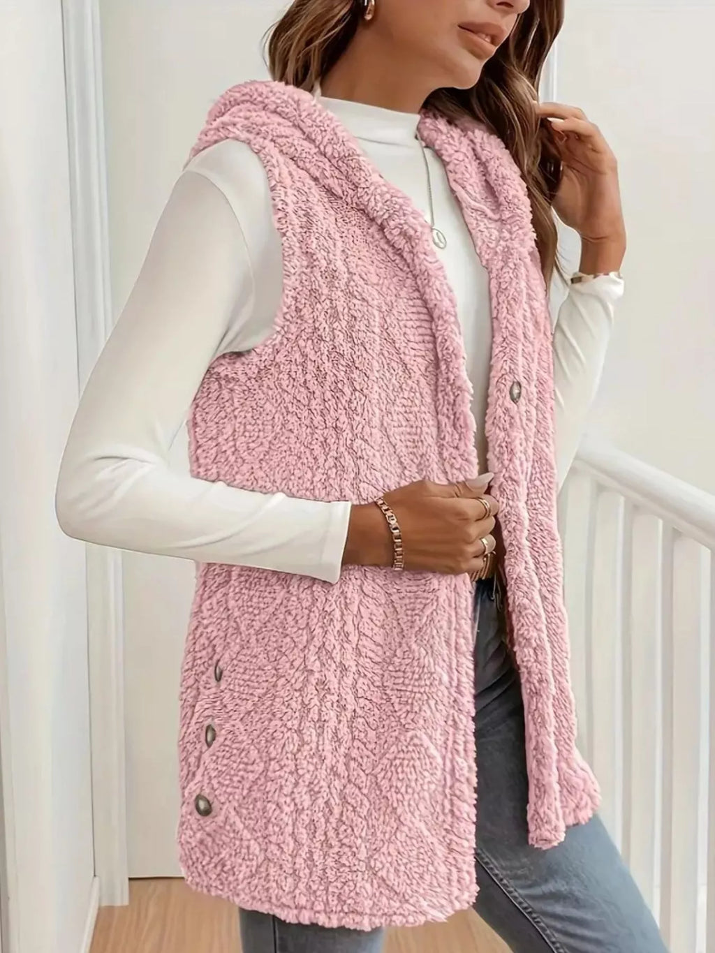 Hooded Button-Up Sherpa Vest Coat