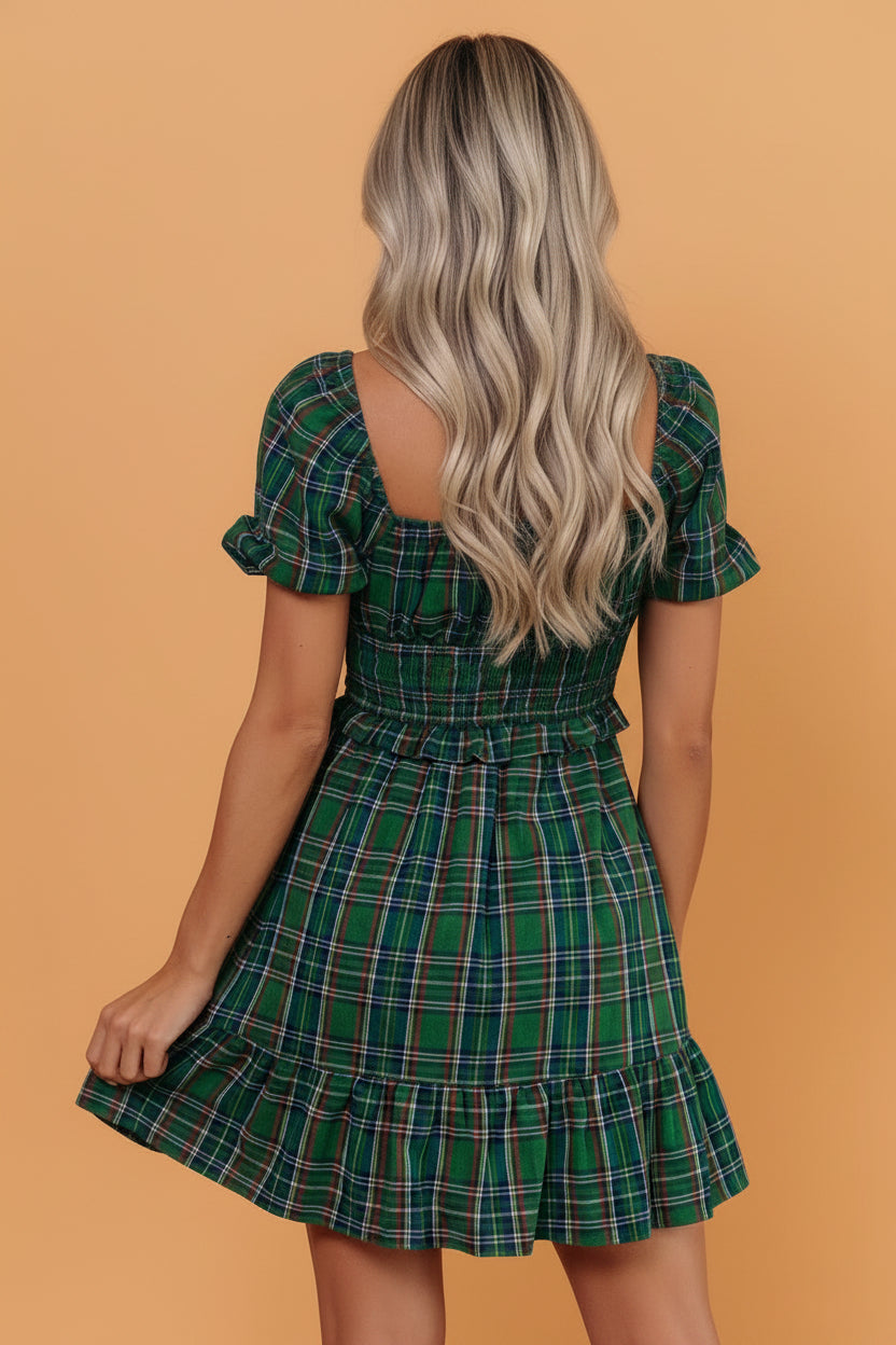 Plaid Shirred Scoop Neck Short Sleeve Mini Dress