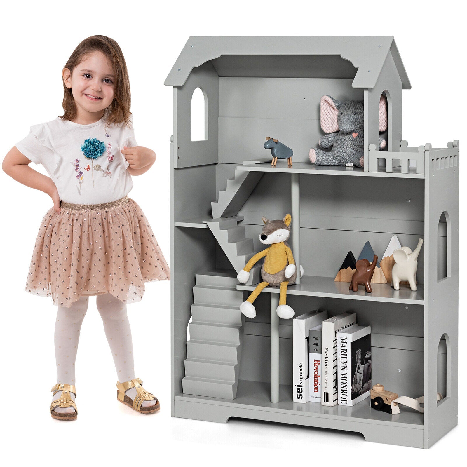 Kids Wooden Dollhouse Bookshelf with Anti-Tip Design and Storage Space