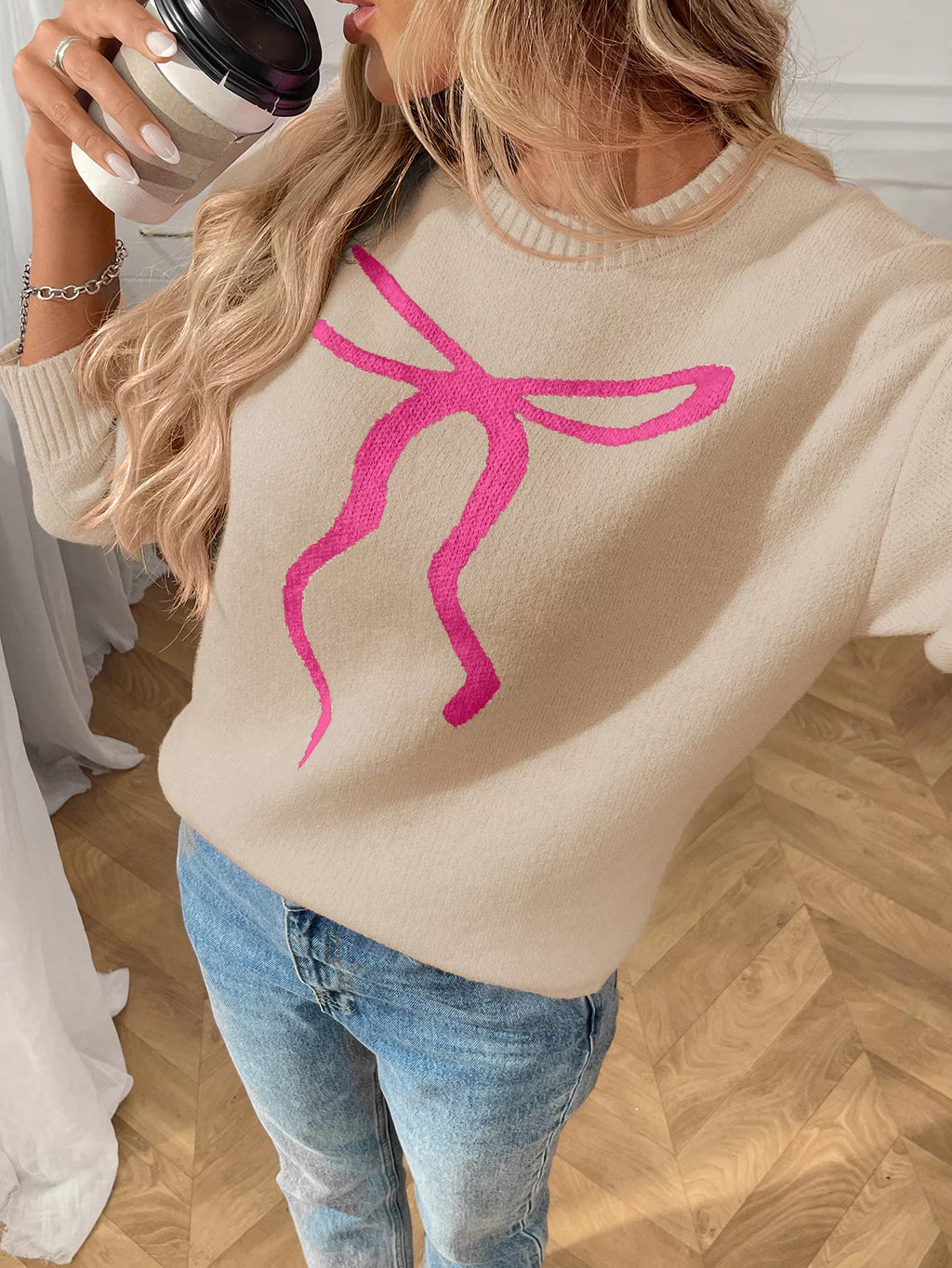 Bow Round Neck Long Sleeve Sweater