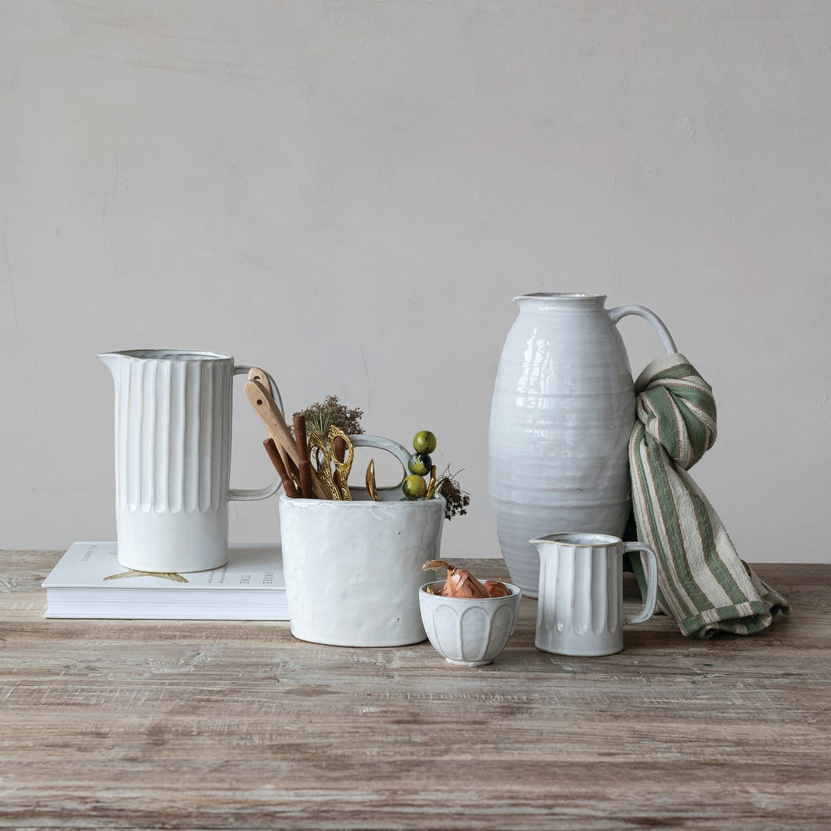 Stoneware Ribbed Creamer Pitcher 12 oz - White & Blue Reactive Glaze