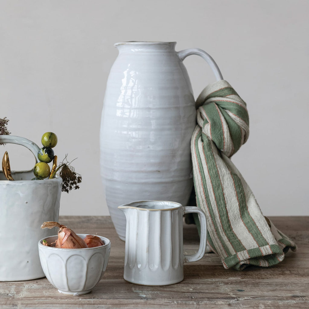 Stoneware Ribbed Creamer Pitcher 12 oz - White & Blue Reactive Glaze