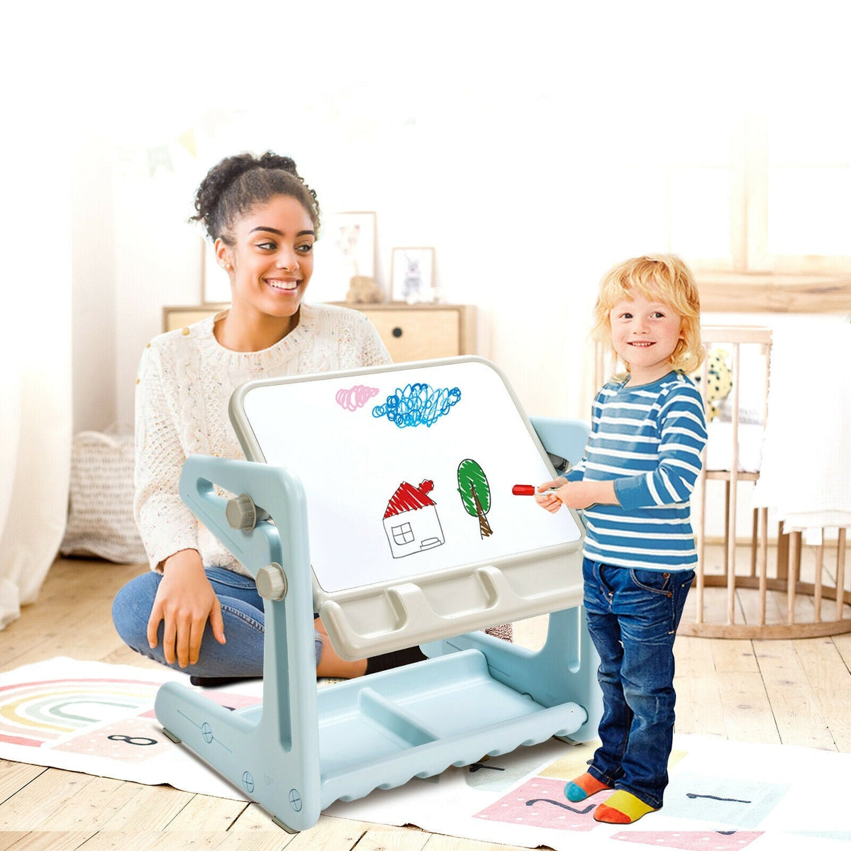 2 in 1 Kids Easel Table and Chair Set with Adjustable Art Painting Board