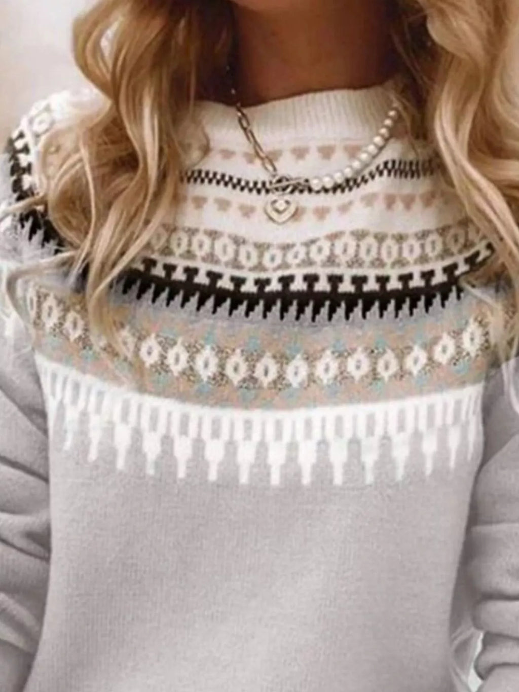 Full Size Vintage Patterned Round Neck Sweater Plus Size