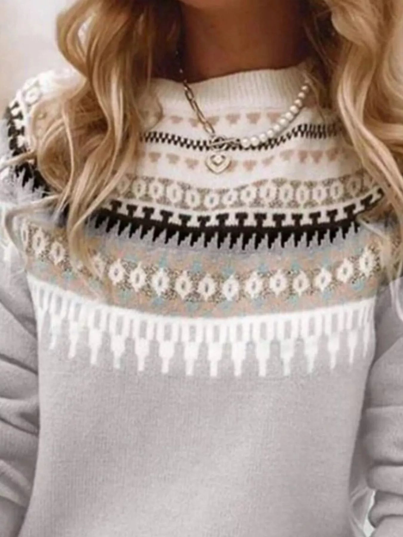 Full Size Vintage Patterned Round Neck Sweater Plus Size