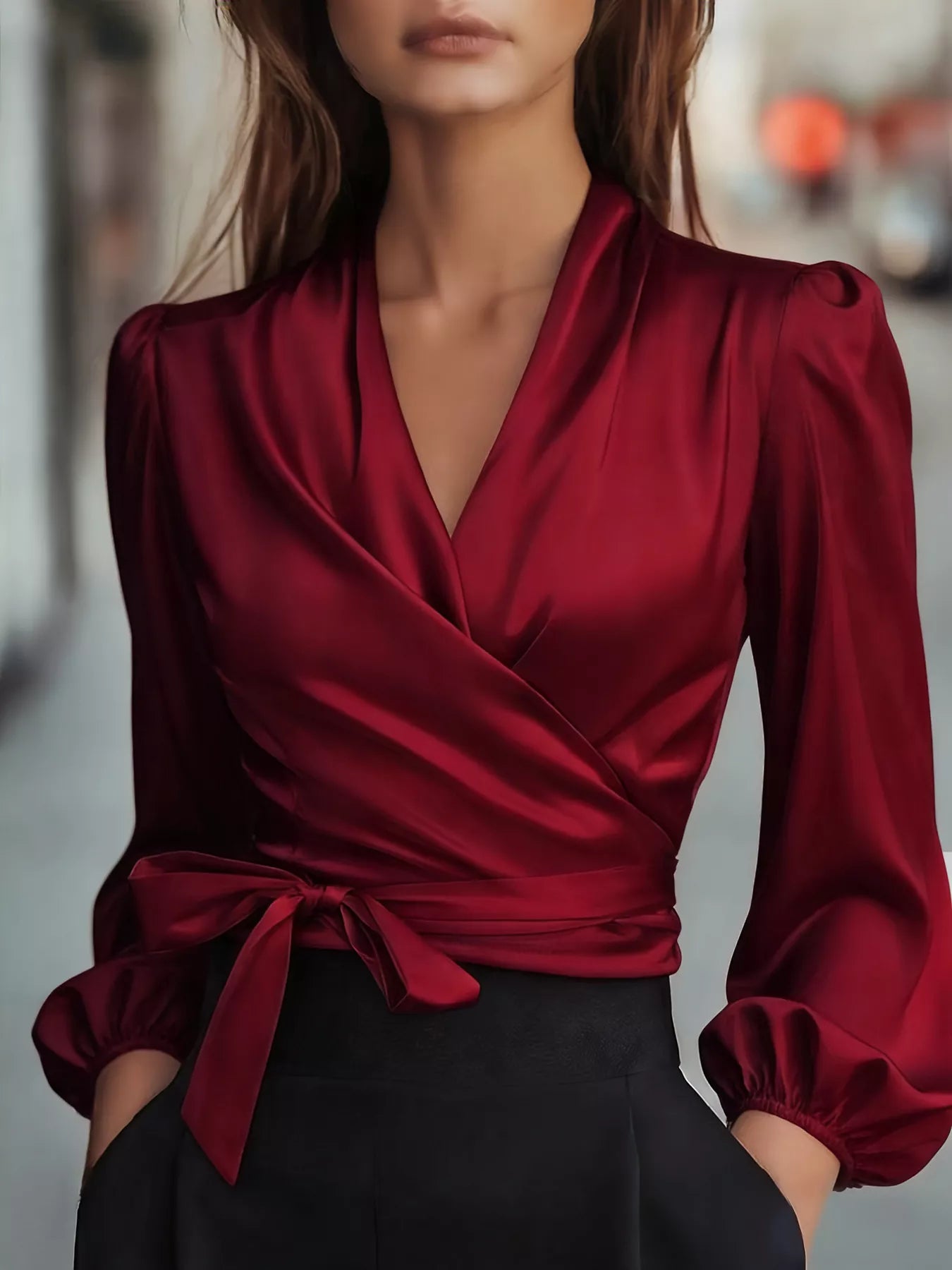 Satin Tied Balloon Sleeve Blouse