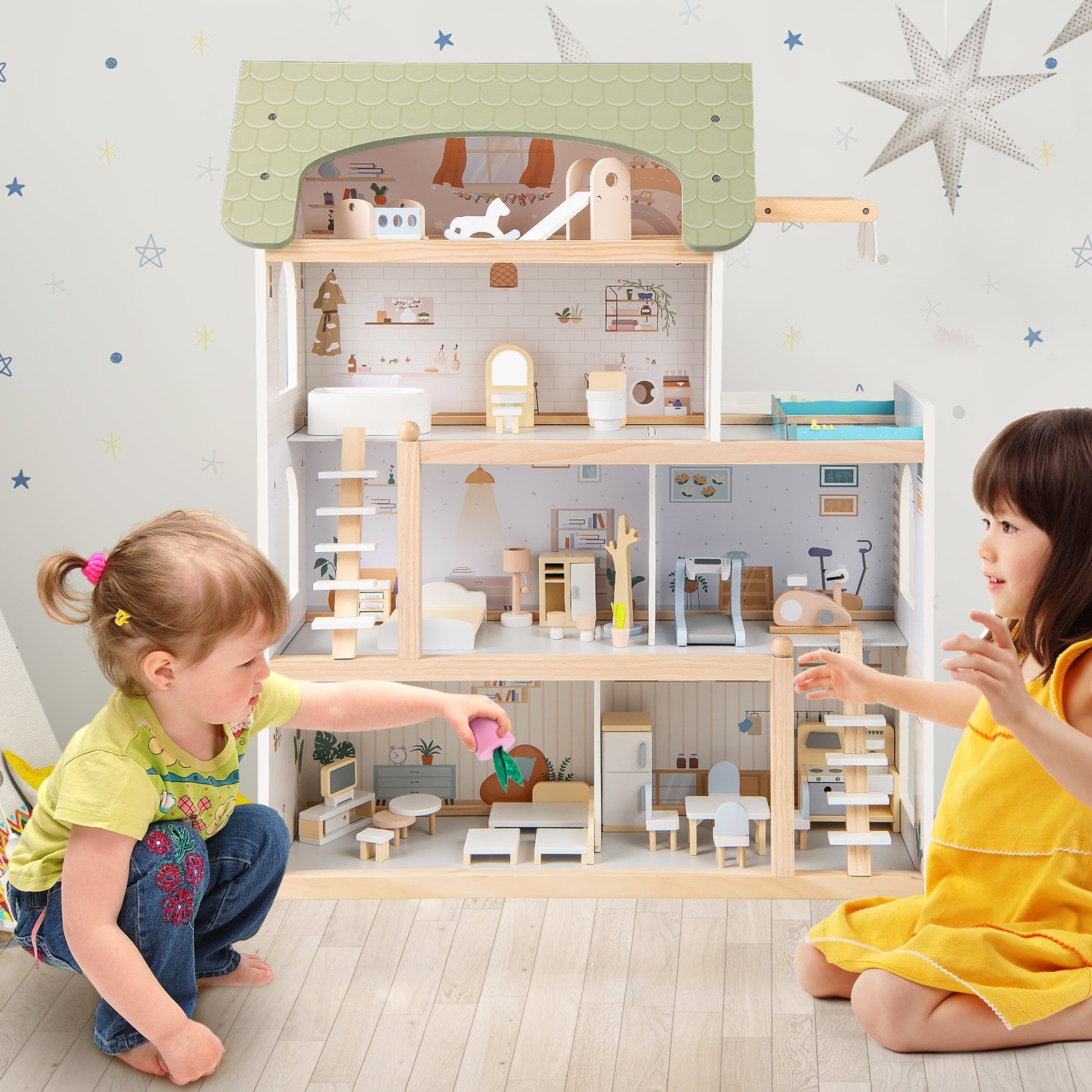 Wooden Dollhouse Kids DIY Pretend Playhouse with 33 PCS Furniture Accessories-Green