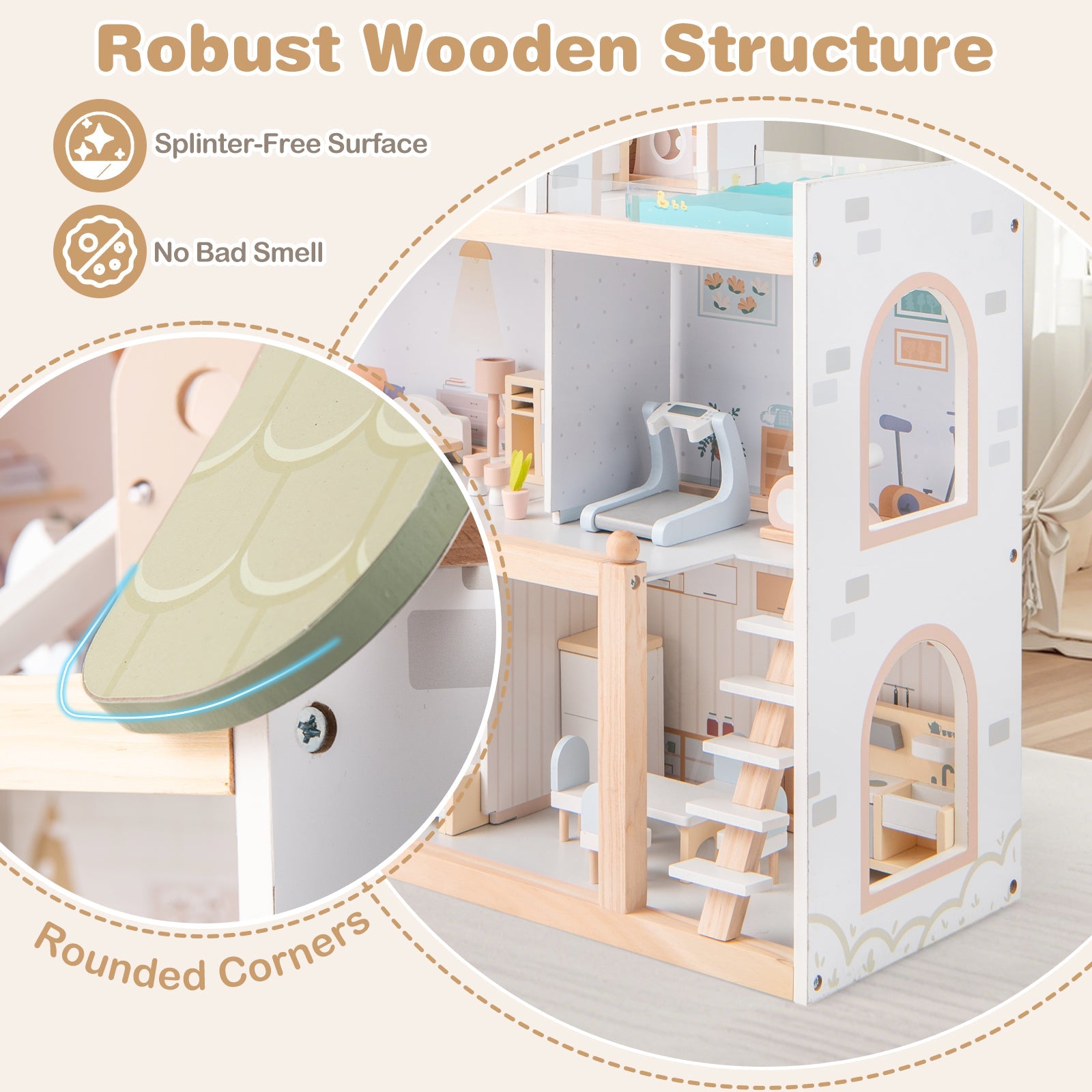 Wooden Dollhouse Kids DIY Pretend Playhouse with 33 PCS Furniture Accessories-Green