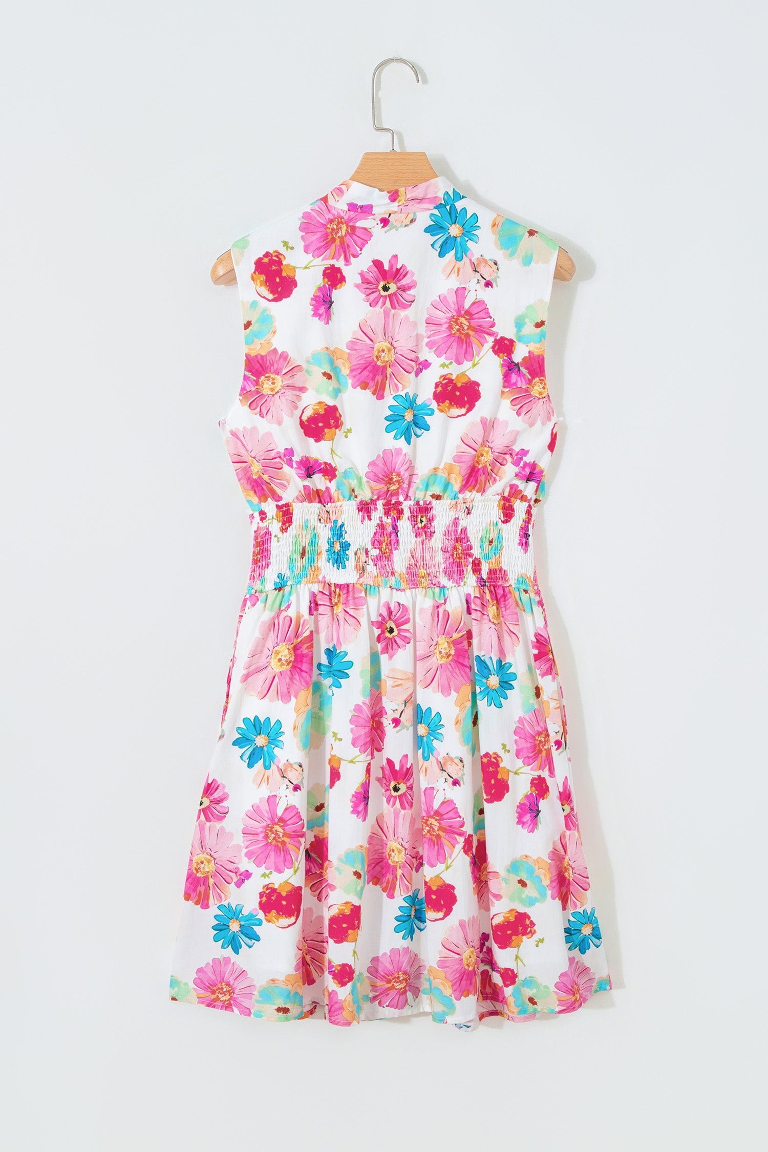 Floral Zip Up V-Neck Smocked Flared Mini Dress