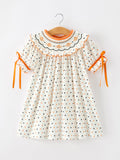 Halloween Pumpkin Smocked Girls Dress Polka Dot Ruffle Sleeve