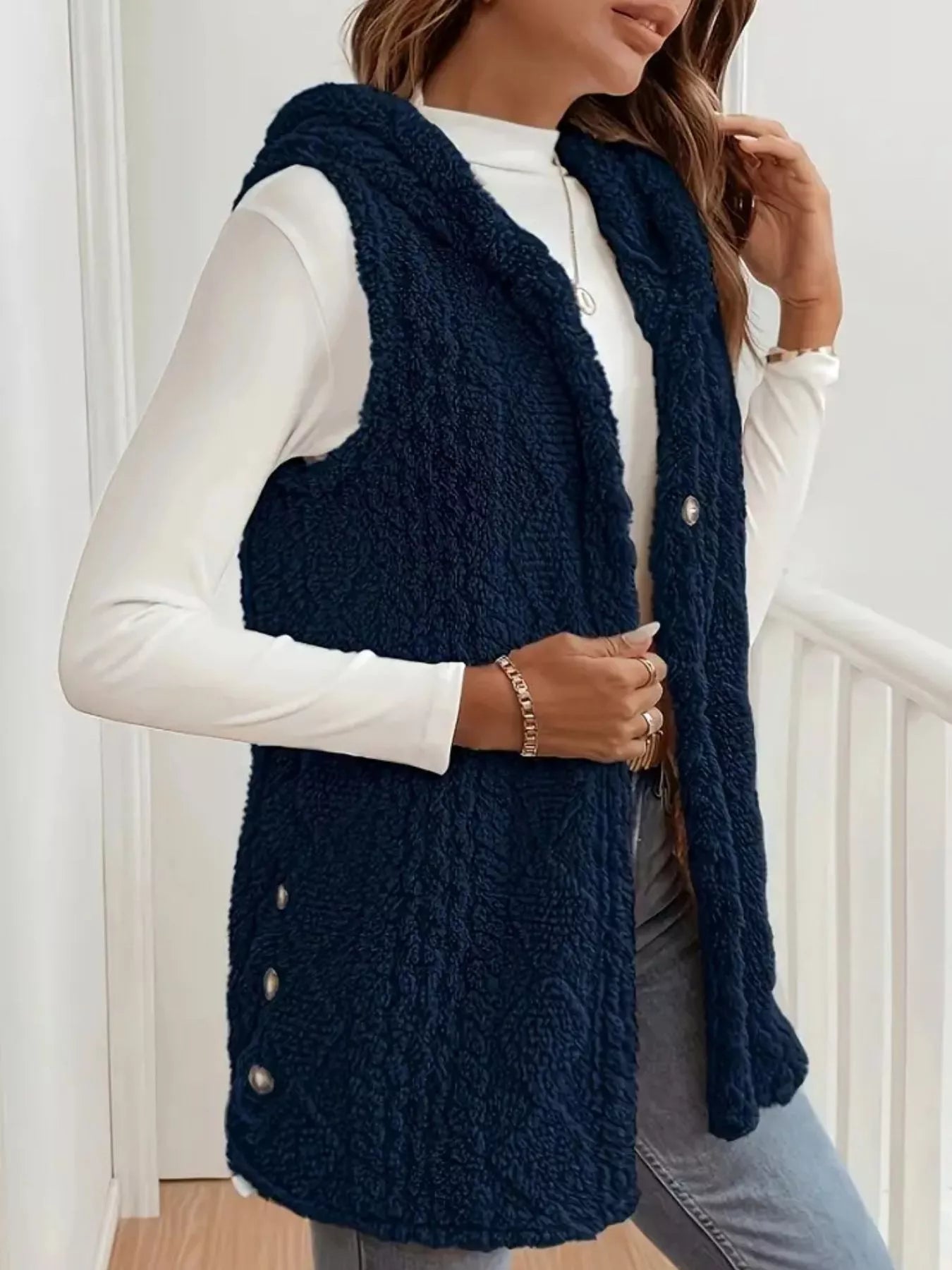 Hooded Button-Up Sherpa Vest Coat