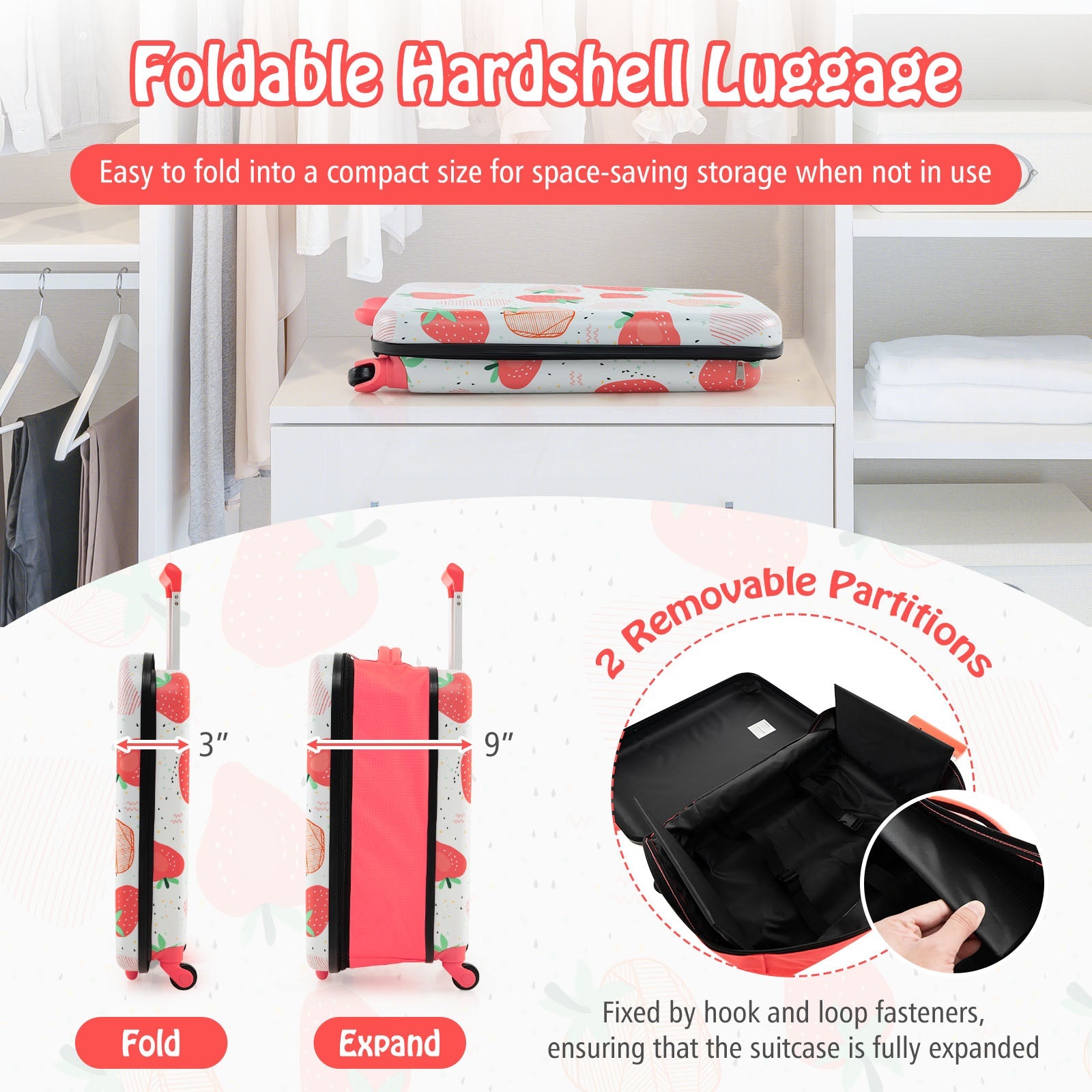 20 Inch Kids Rolling Luggage Foldable Hardshell Carry-on Suitcase on Wheels
