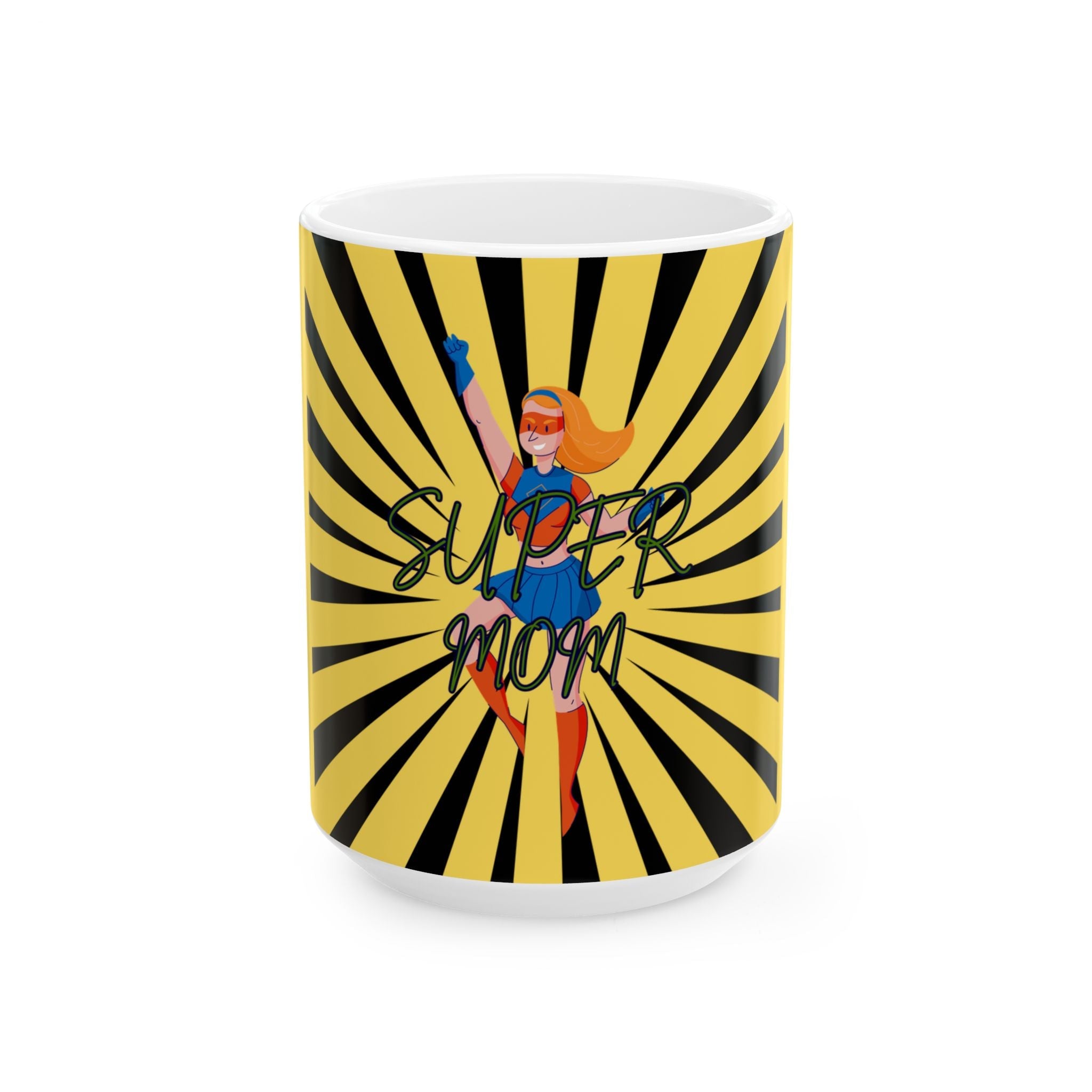 Super Mom Ceramic Mug, YELLOW – Retro Superhero Mom Coffee Cup