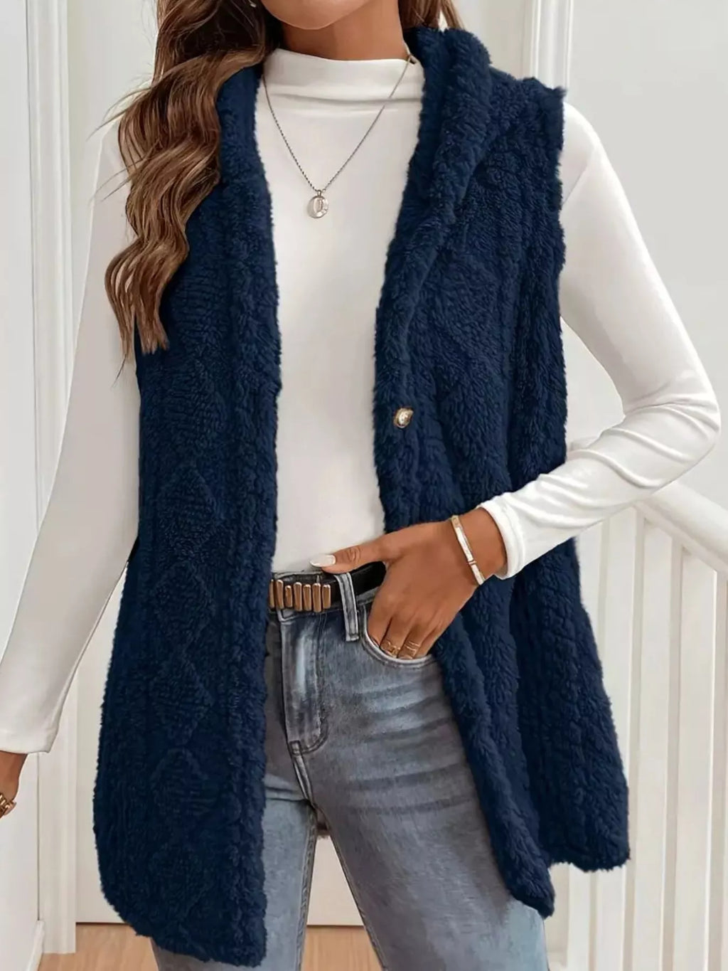 Hooded Button-Up Sherpa Vest Coat