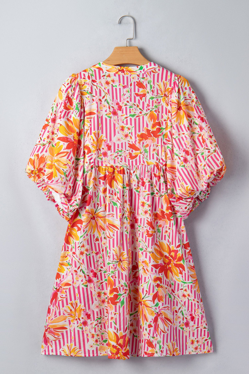 Floral Stripe Tie Neck Puff Sleeve Mini Dress