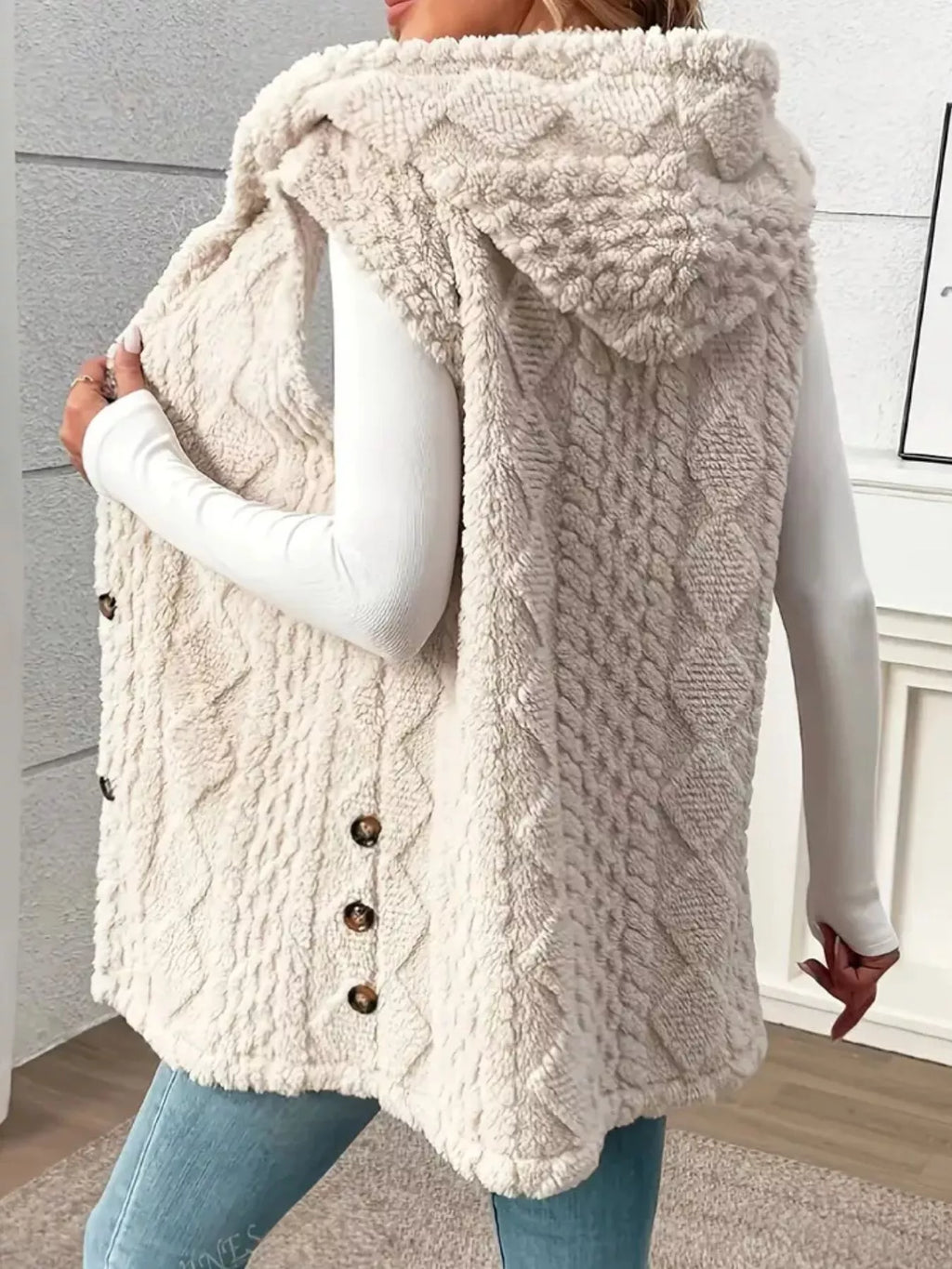 Hooded Button-Up Sherpa Vest Coat