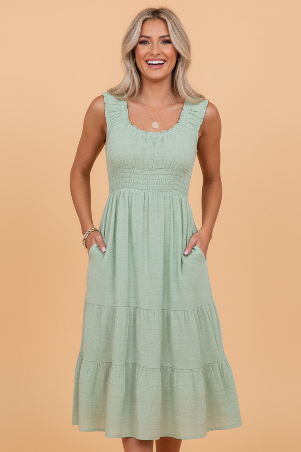 Shirred Pleated Square Neck Sleeveless Midi Dress