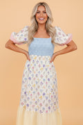 Floral Stripe Colorblock Square Neck Shirred Dress
