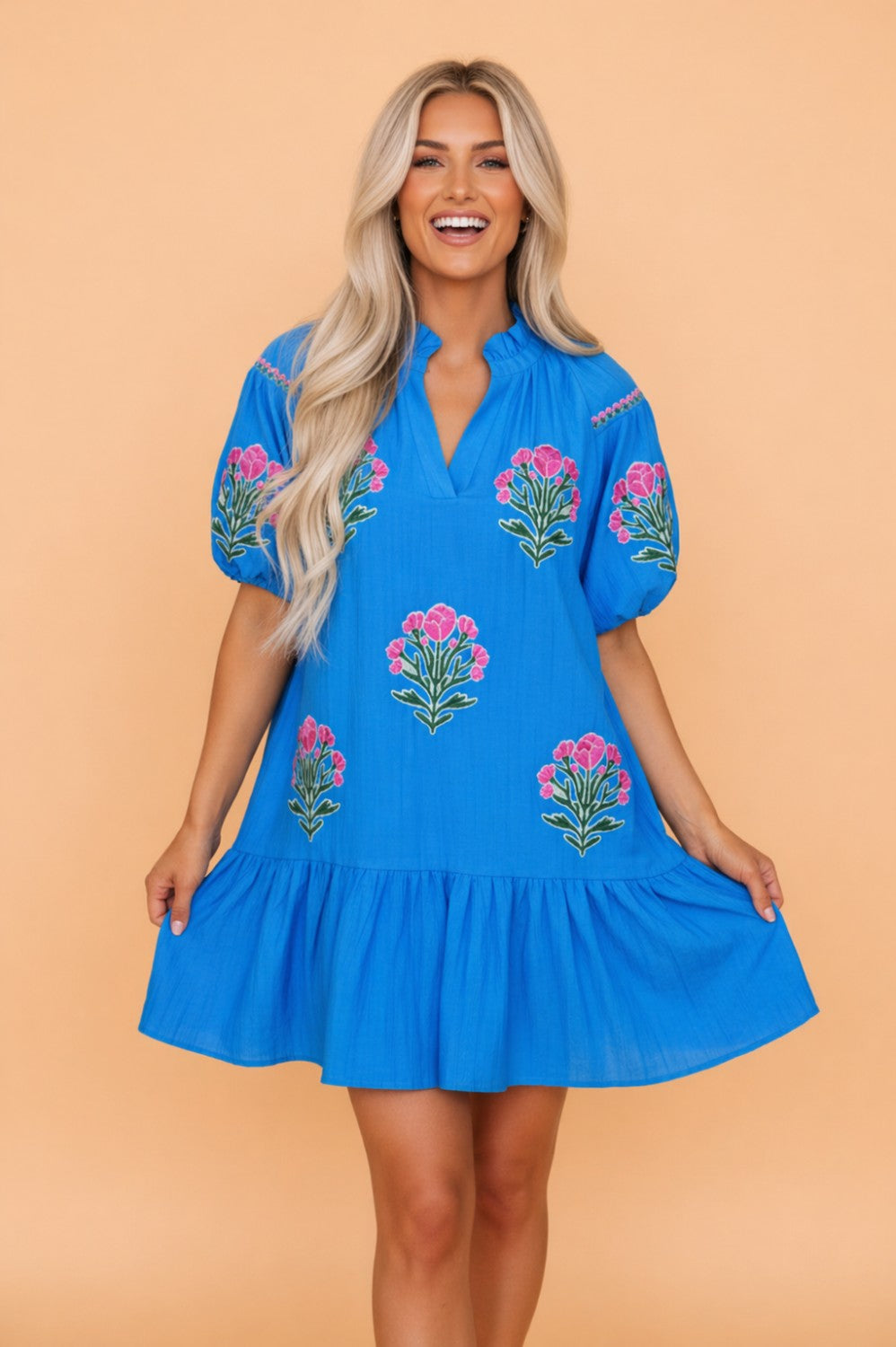 Flower Embroidered Puff Sleeve Ruffle Hem Dress