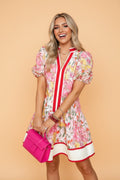 Floral Colorblock Trim V-Neck Ruffle Mini Dress