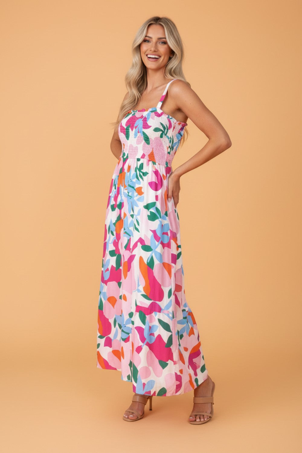 Abstract Floral Smocked High Waist Maxi Sundress