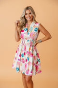 Floral Zip Up V-Neck Smocked Flared Mini Dress