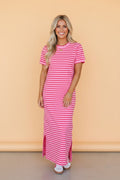 Stripe Scalloped Trim Short Sleeve Side Slit Dress