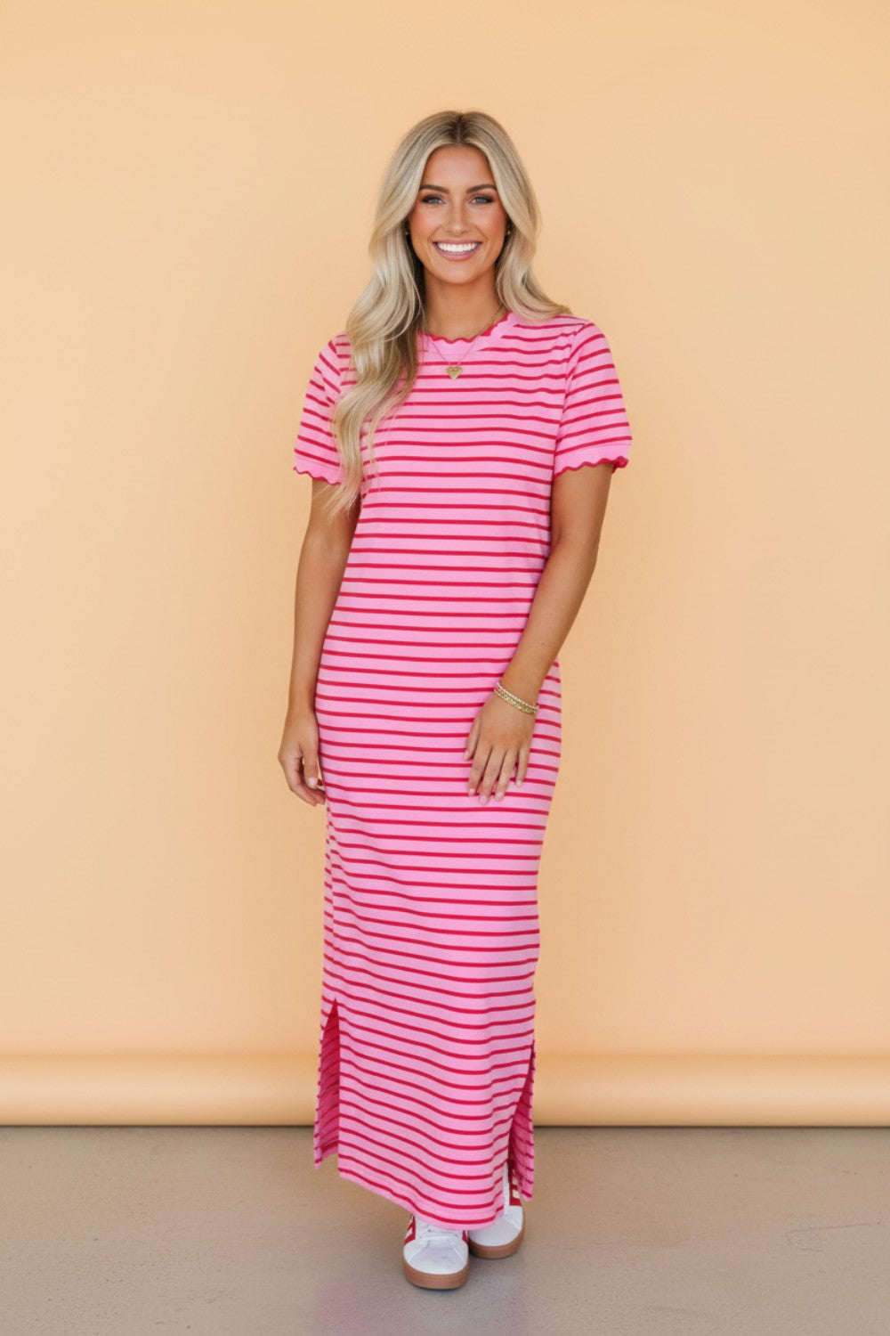 Stripe Scalloped Trim Short Sleeve Side Slit Dress