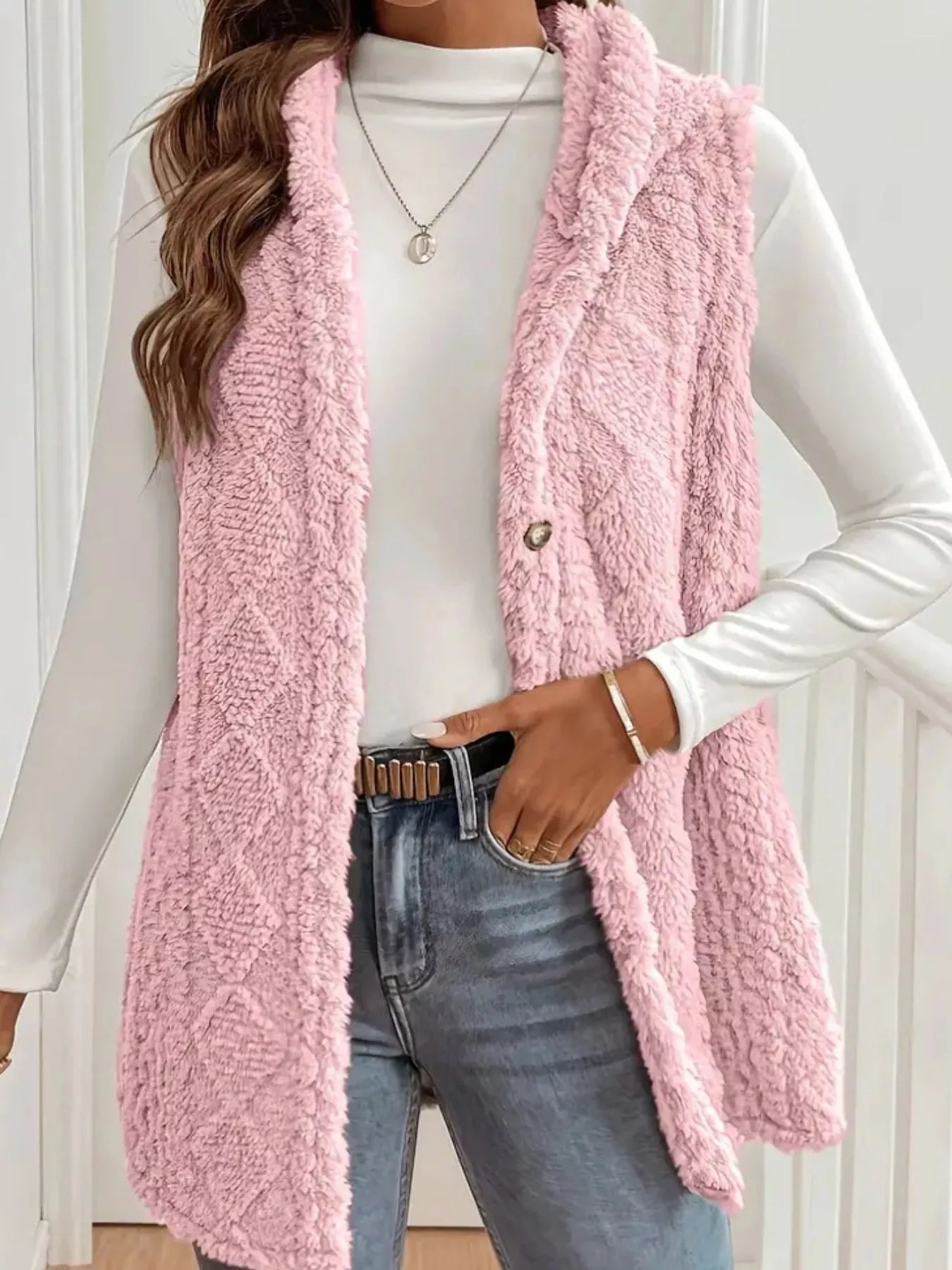 Hooded Button-Up Sherpa Vest Coat