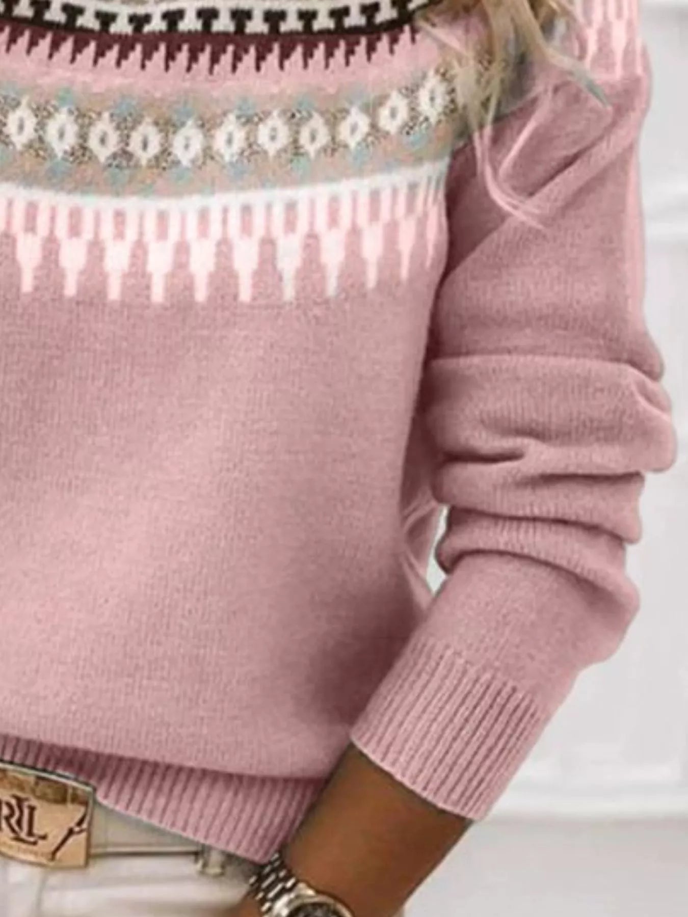 Full Size Vintage Patterned Round Neck Sweater Plus Size
