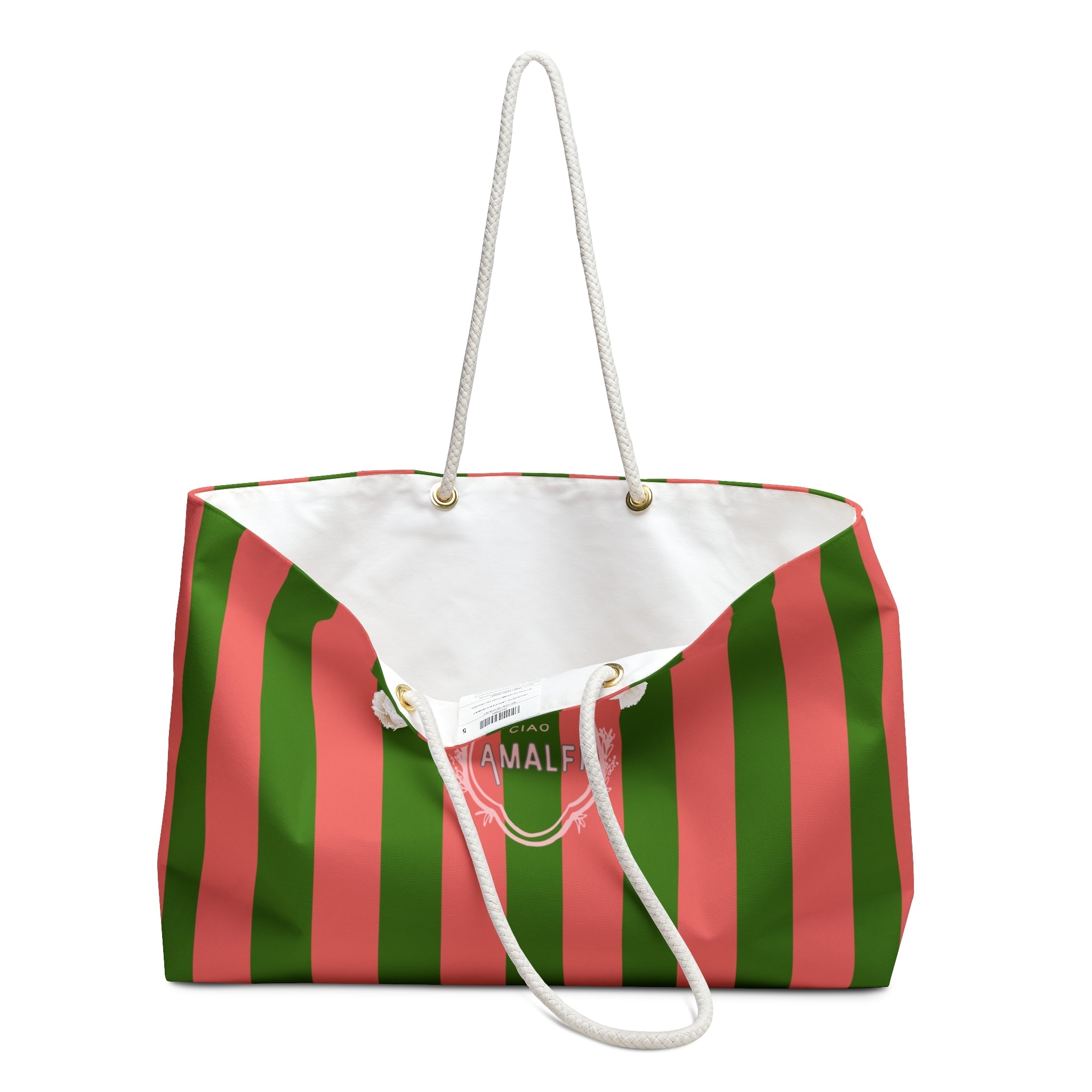 Striped Amalfi Weekender Bag — Green & Coral Mediterranean Travel Tote