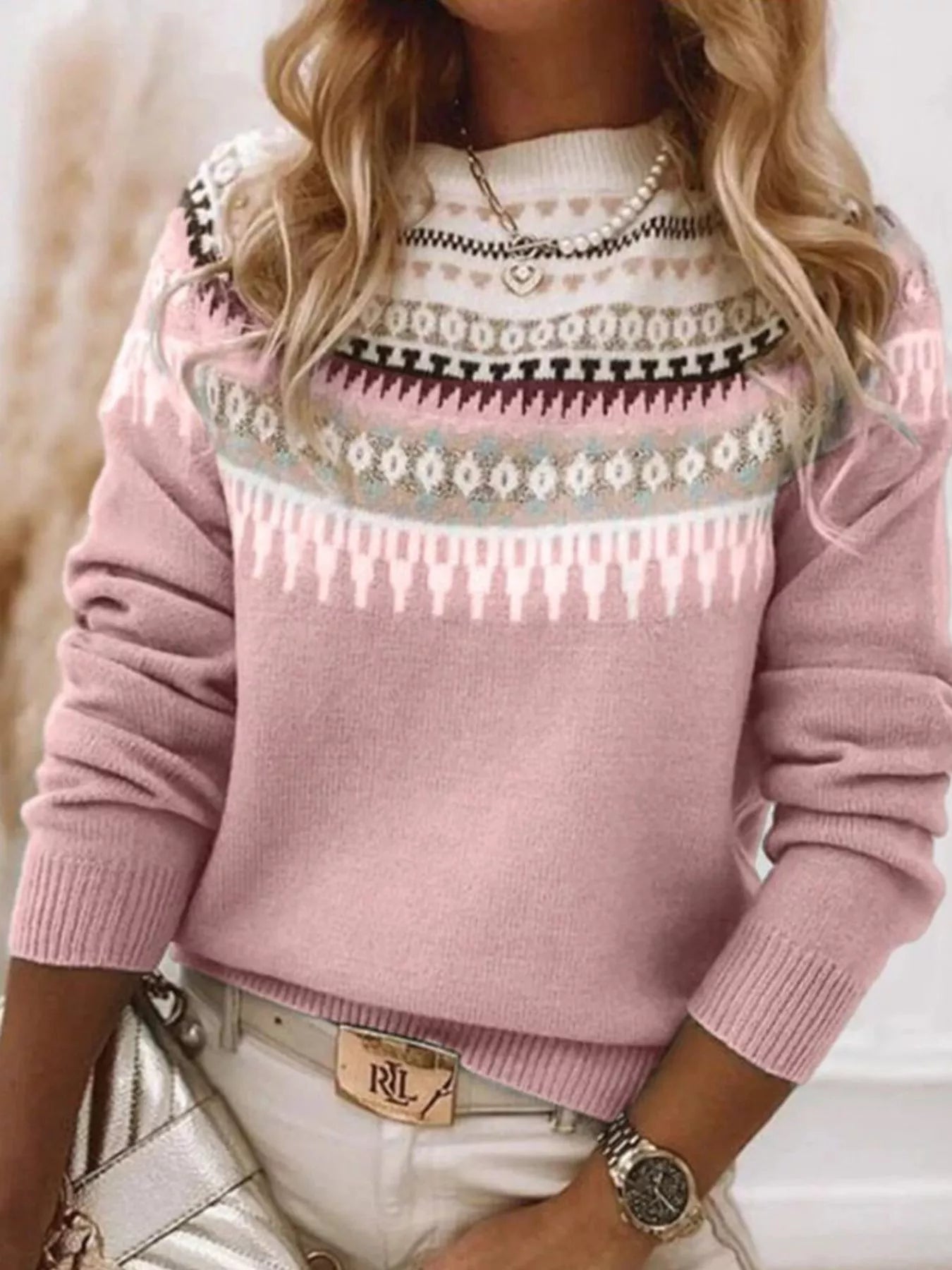 Full Size Vintage Patterned Round Neck Sweater Plus Size