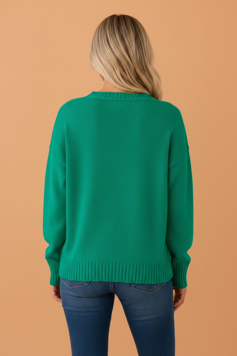 Merry Ribbed Trim Round Neck Long Sleeve Sweater