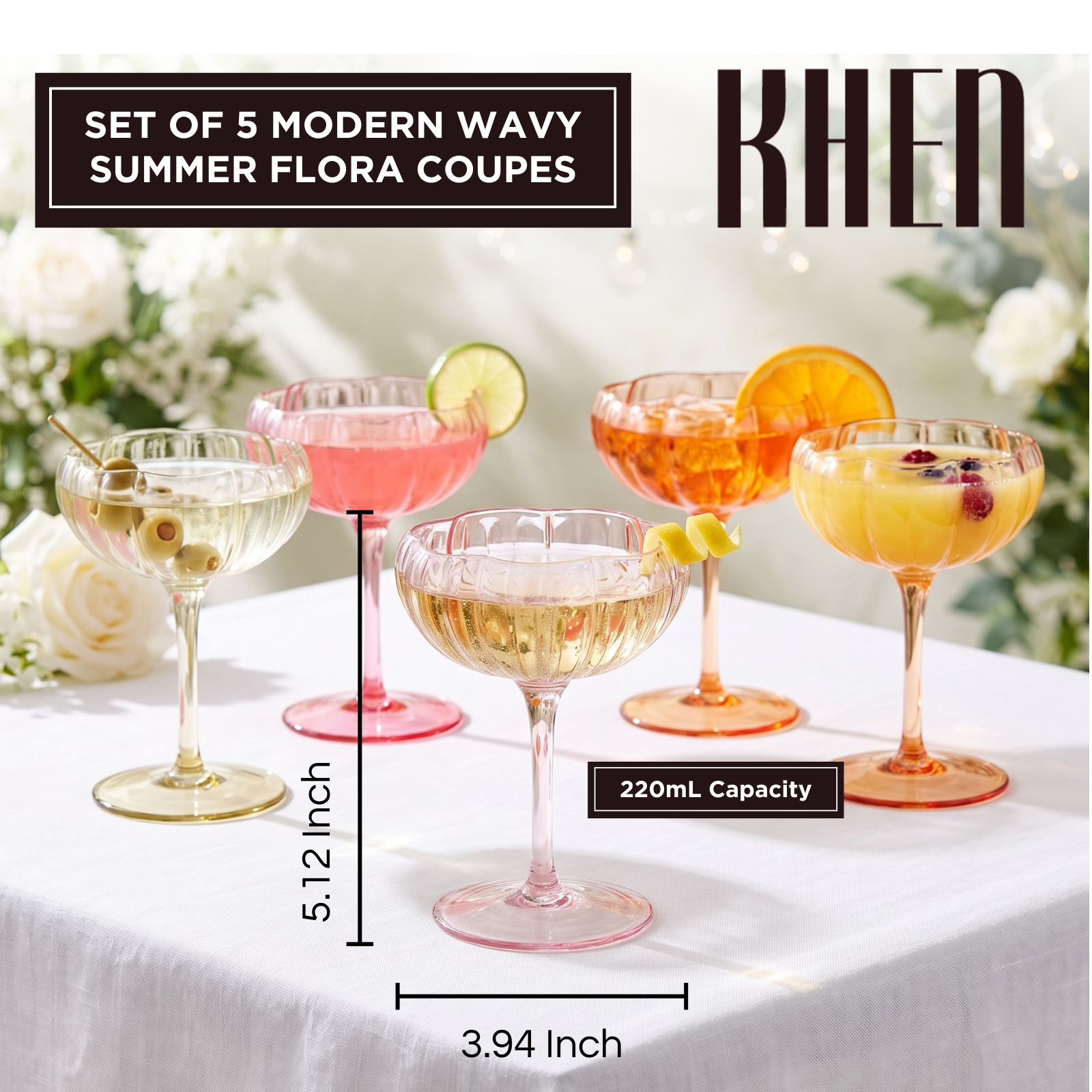 Flower Coupe Cocktail Glasses | Set of 4 | Bright Colors