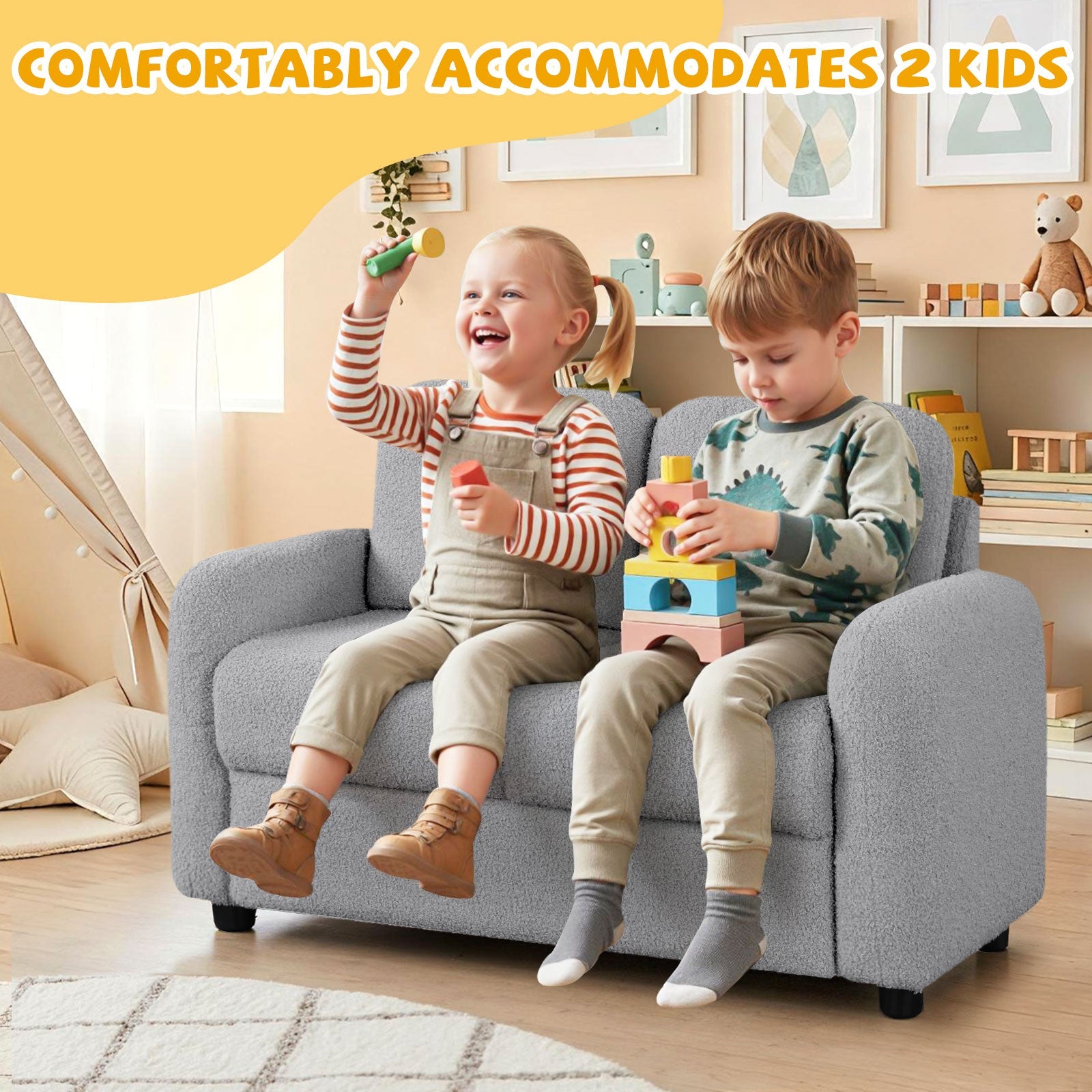 2-Seat Kids Sofa Toddler Sofa Couch with Soft Teddy Fleece Upholstery and Solid Wooden Frame