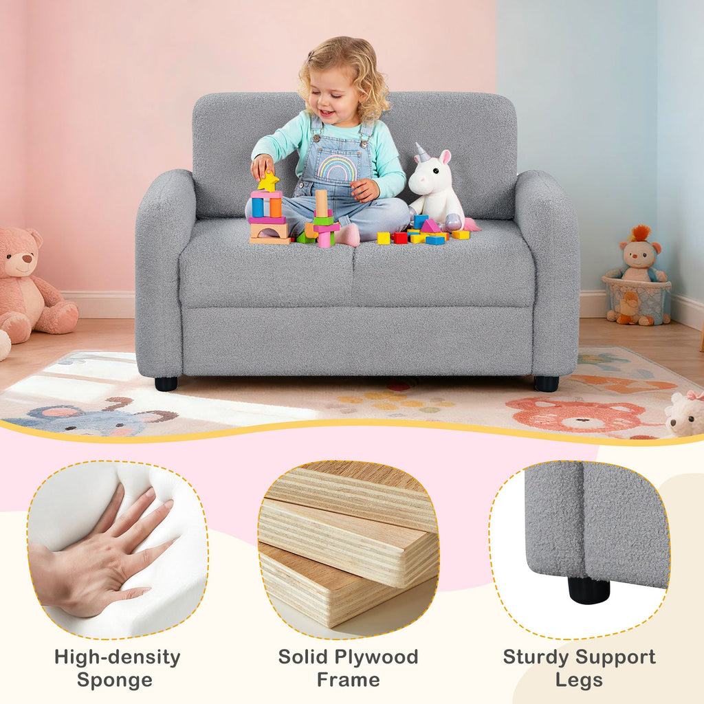 2-Seat Kids Sofa Toddler Sofa Couch with Soft Teddy Fleece Upholstery and Solid Wooden Frame