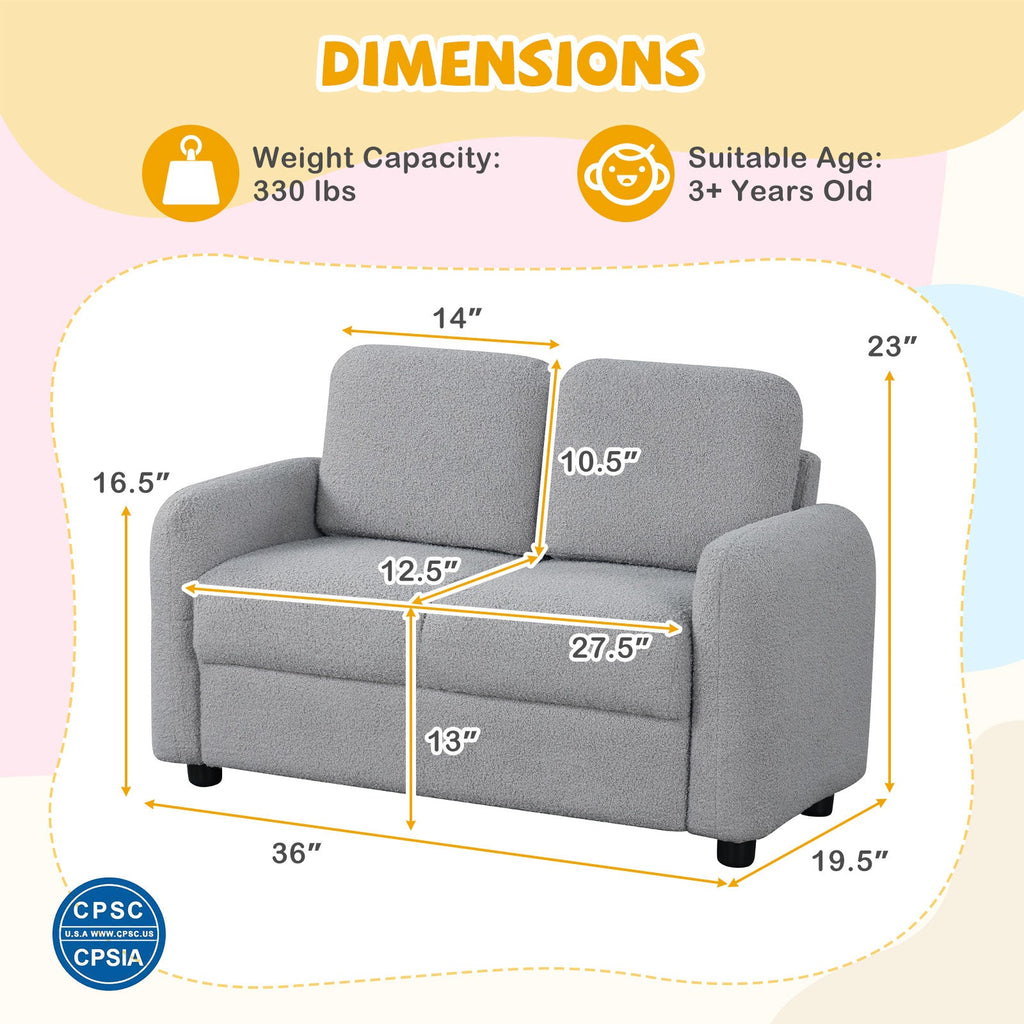 2-Seat Kids Sofa Toddler Sofa Couch with Soft Teddy Fleece Upholstery and Solid Wooden Frame