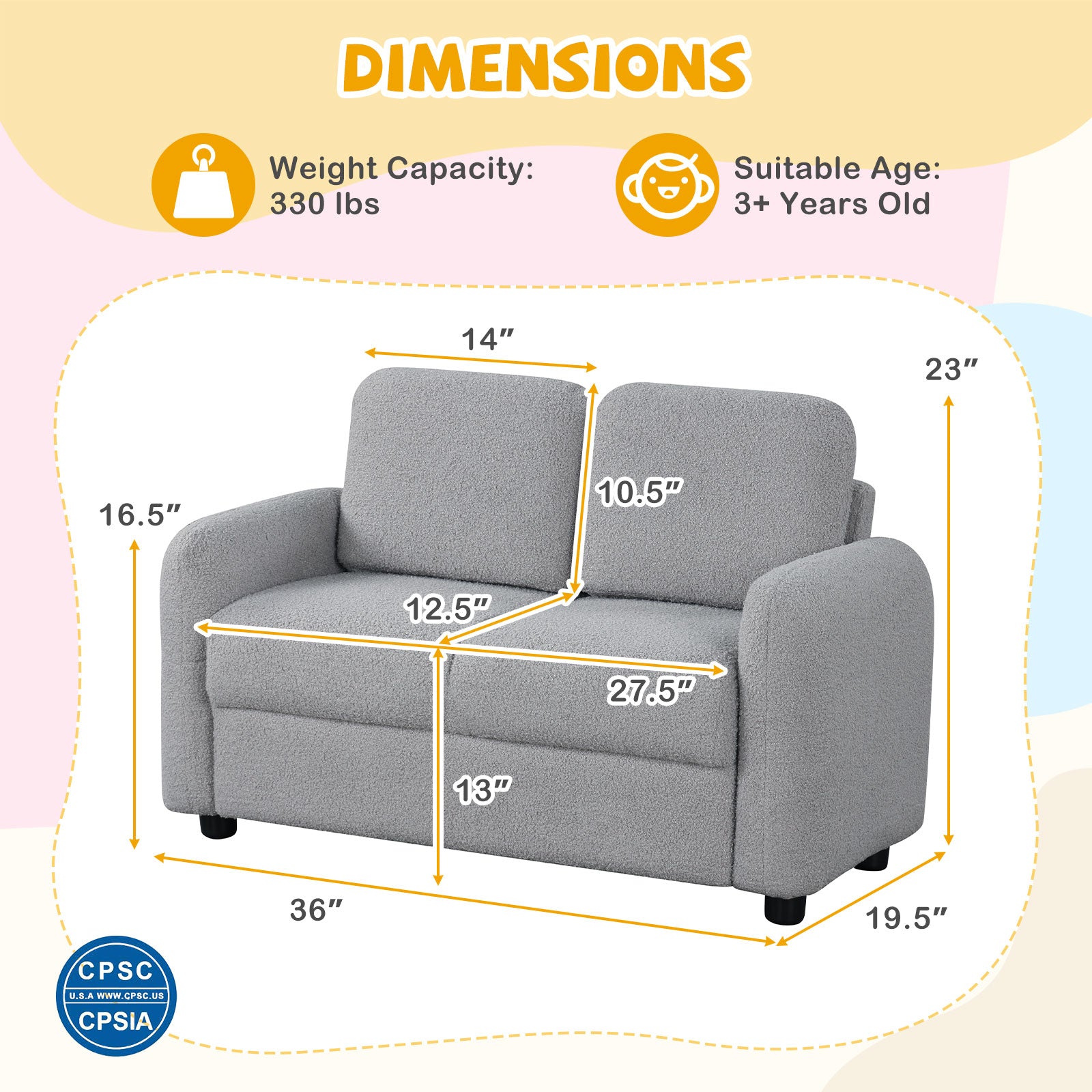 2-Seat Kids Sofa Toddler Sofa Couch with Soft Teddy Fleece Upholstery and Solid Wooden Frame