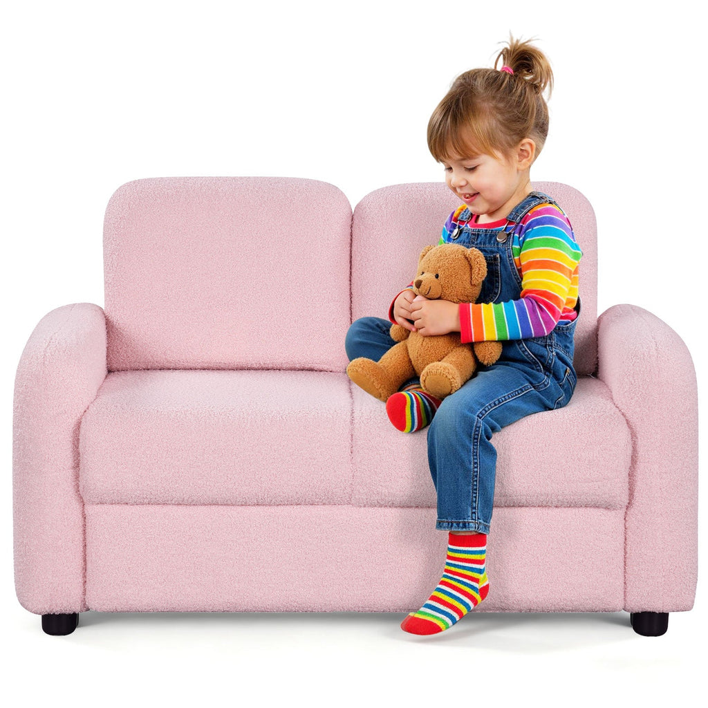 2-Seat Kids Sofa Toddler Sofa Couch with Soft Teddy Fleece Upholstery and Solid Wooden Frame