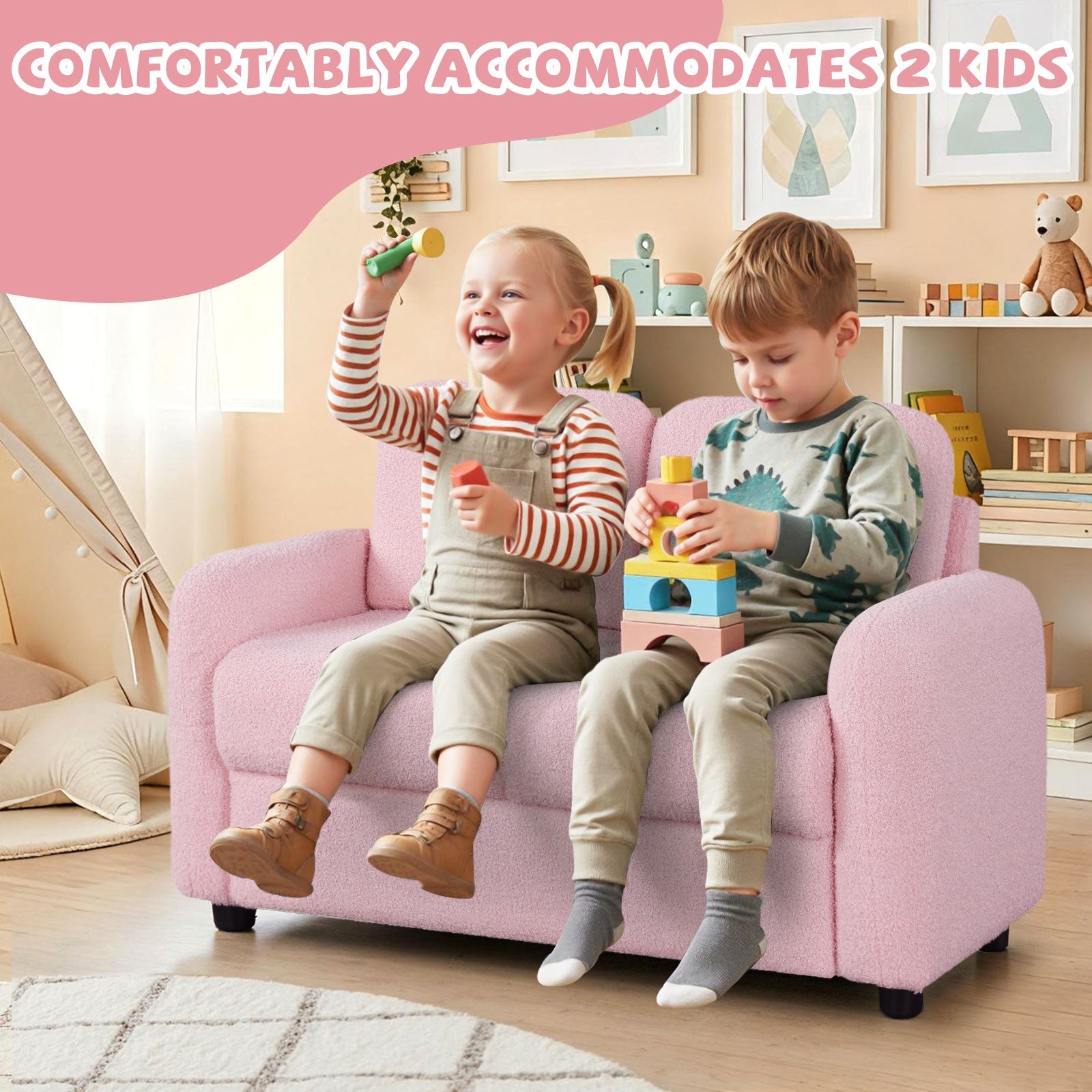 2-Seat Kids Sofa Toddler Sofa Couch with Soft Teddy Fleece Upholstery and Solid Wooden Frame